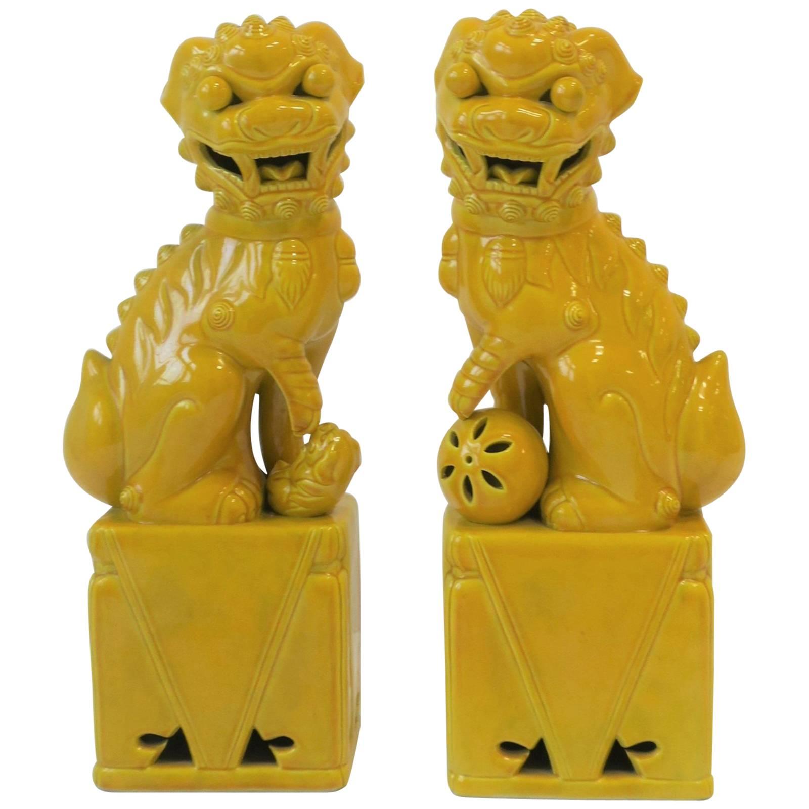 Pair of Tall Midcentury Yellow Foo Dogs or Lion Sculptures 