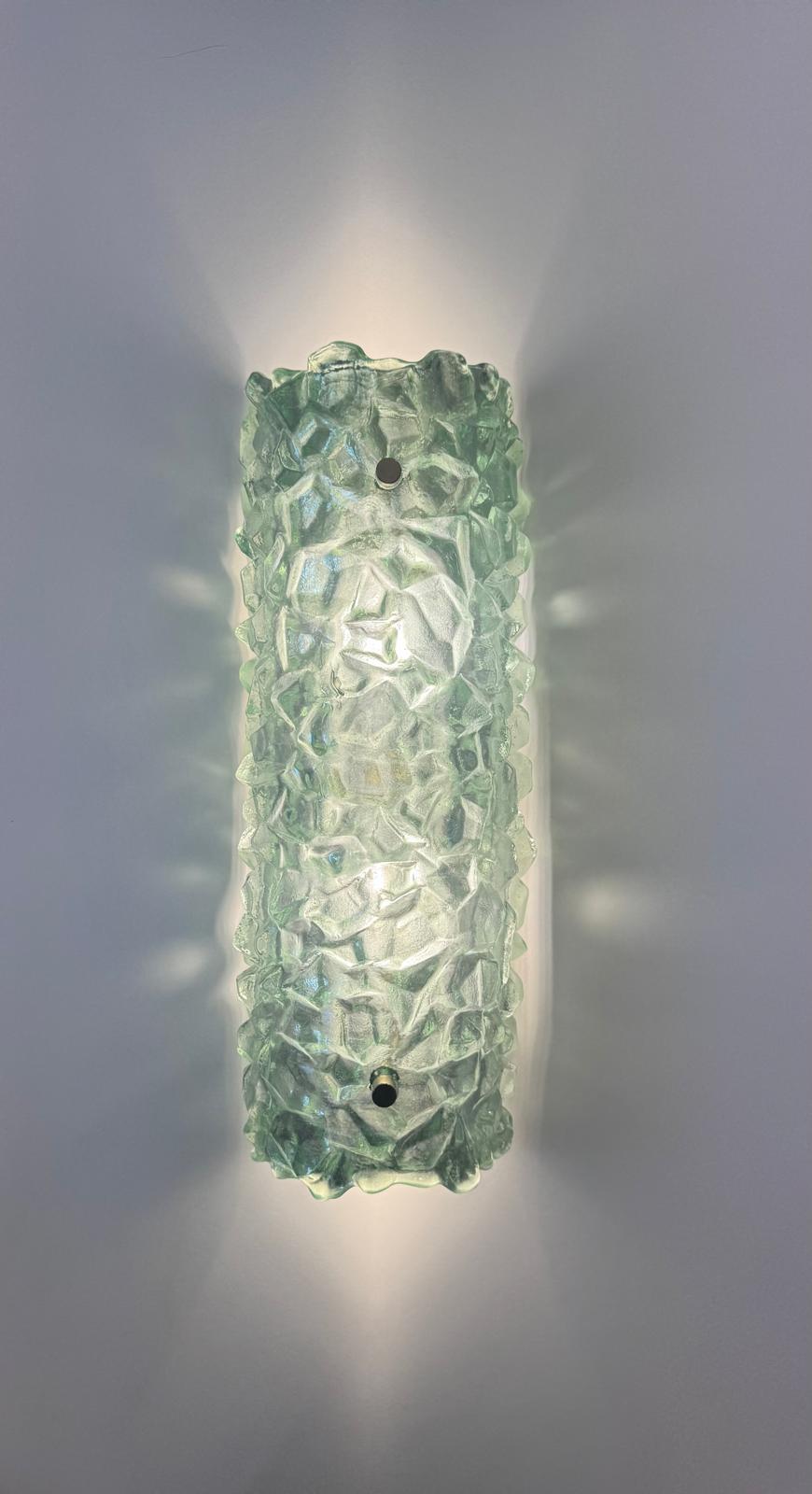 Molded Tall Pair of Murano Green Sconces For Sale