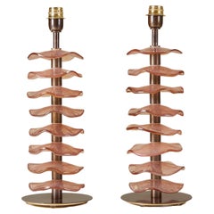 Contemporary Tall pair of Italian Murano peach/rose petal brass lamps