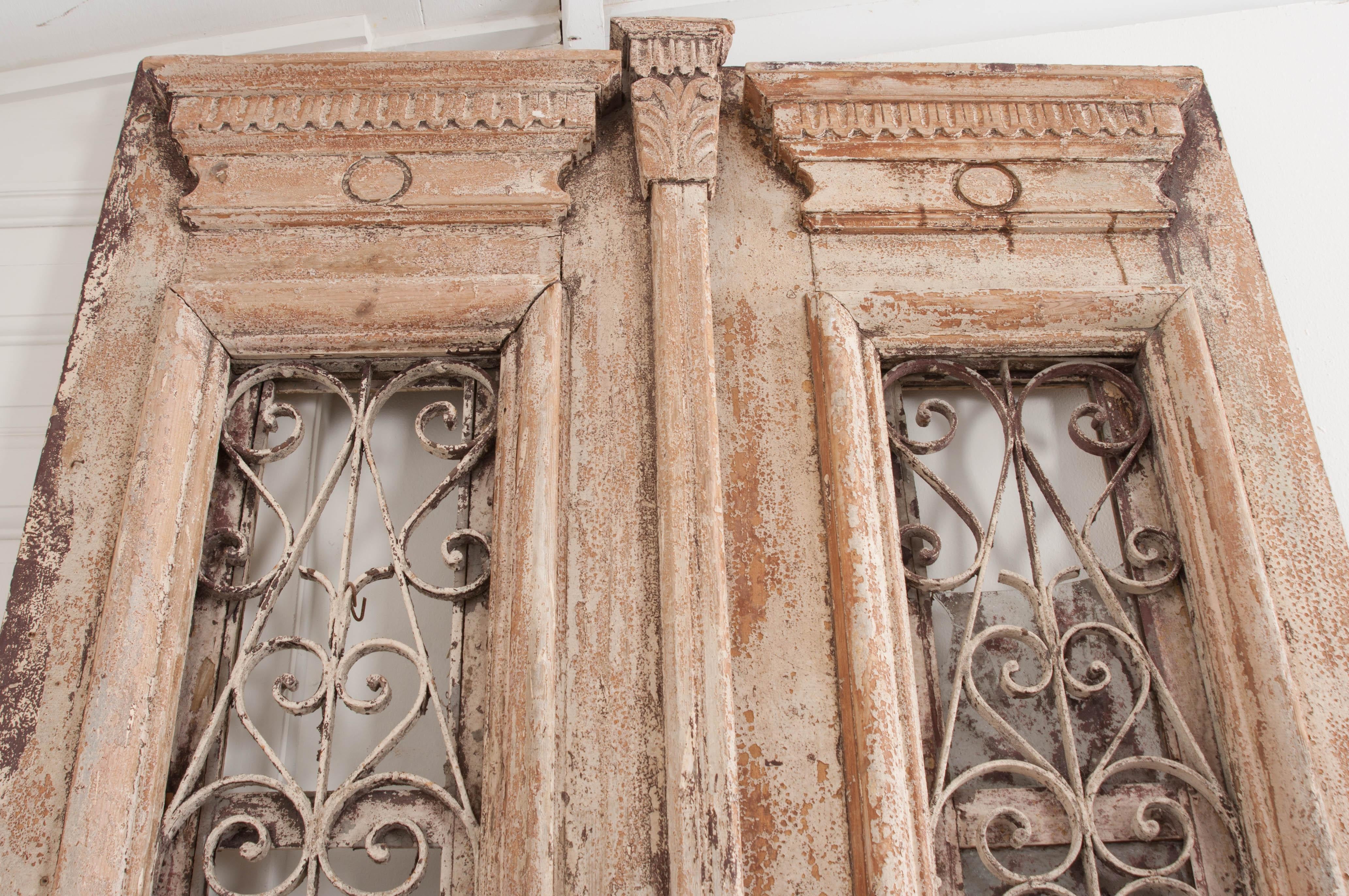 Tall Pair of Napoleon III-Style Painted Pine and Wrought-Iron Entrance Doors In Fair Condition In Baton Rouge, LA