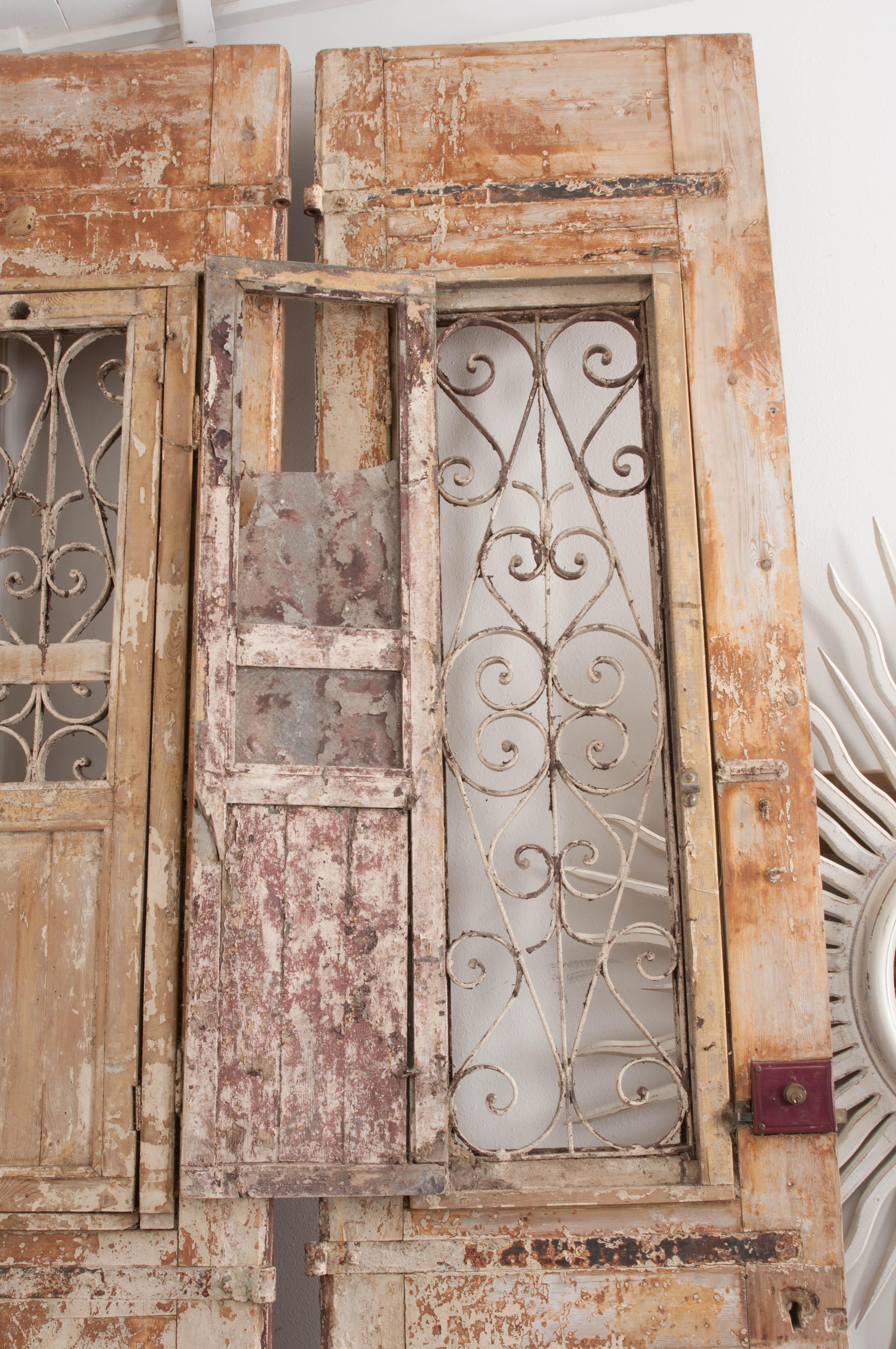 Tall Pair of Napoleon III-Style Painted Pine and Wrought-Iron Entrance Doors 1