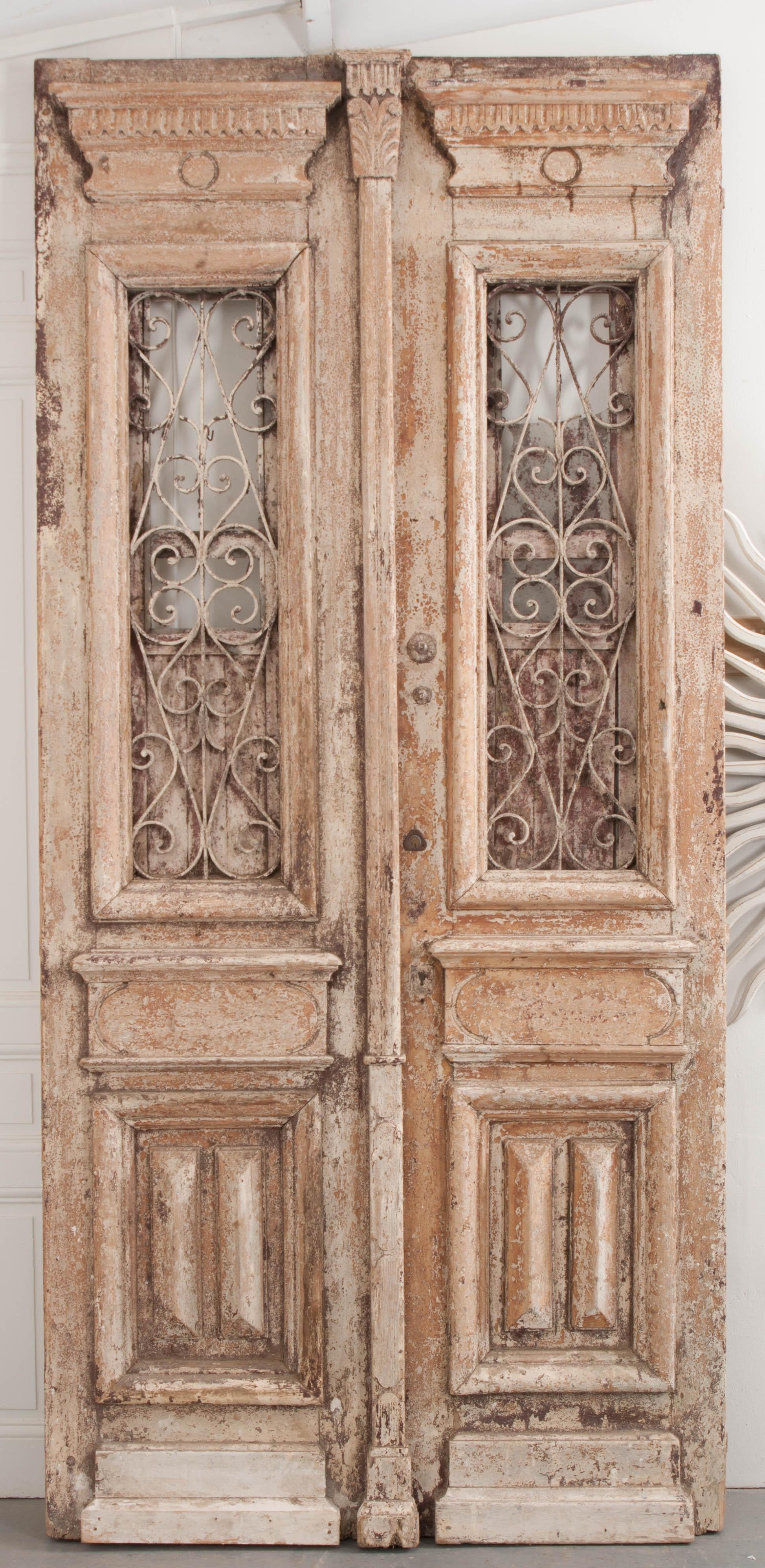 Tall Pair of Napoleon III-Style Painted Pine and Wrought-Iron Entrance Doors 2