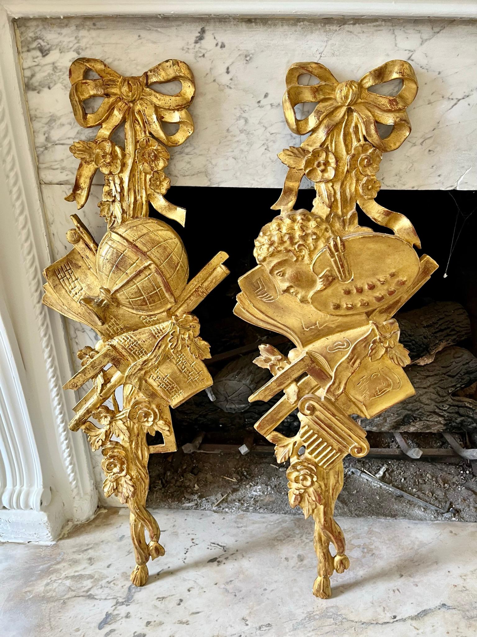 Tall Pair of Neoclassical Carved Giltwood Wall Trophies or Appliques For Sale 10