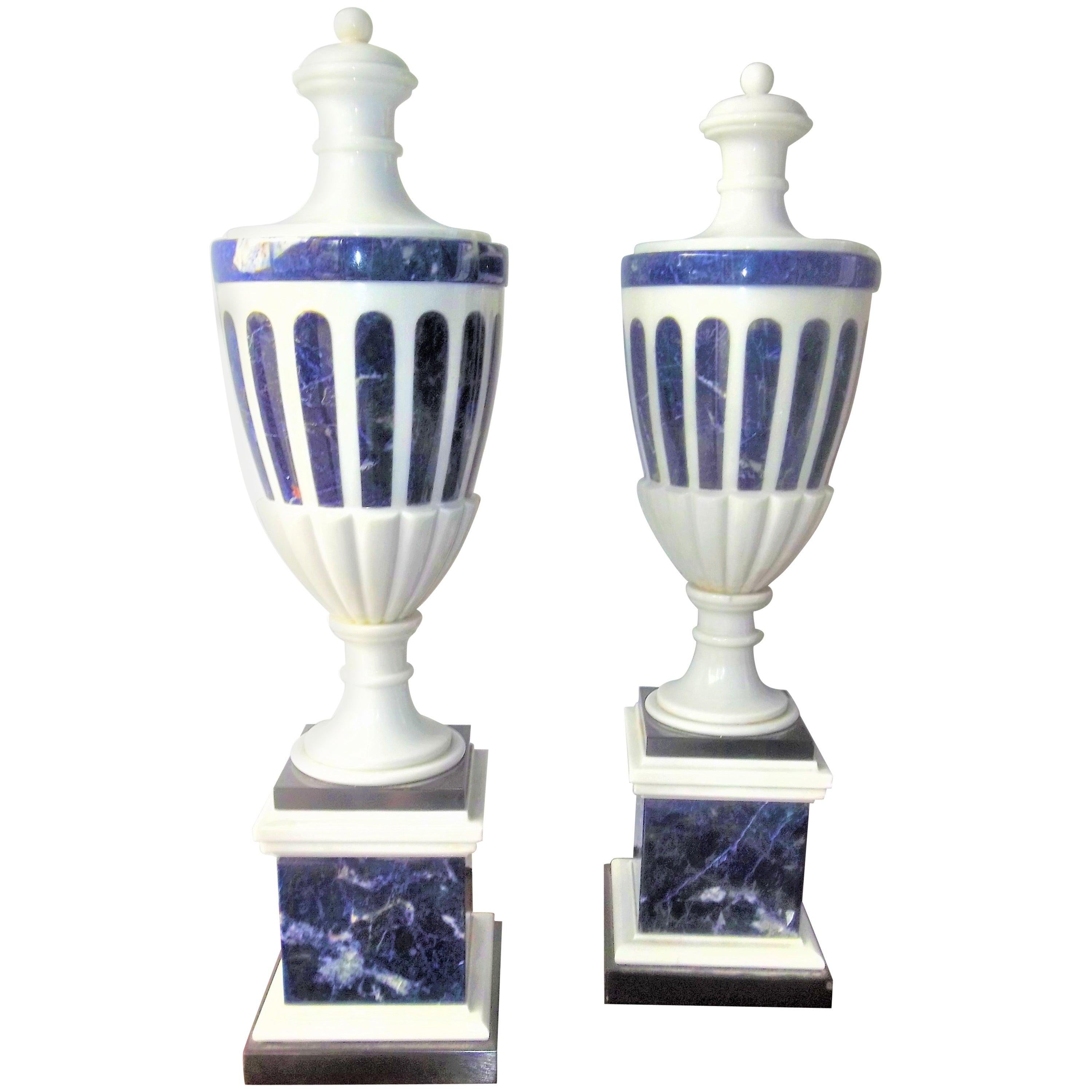 Tall Pair of Neoclassical Styled Lapis Inlaid Urn Garniture Candlesticks