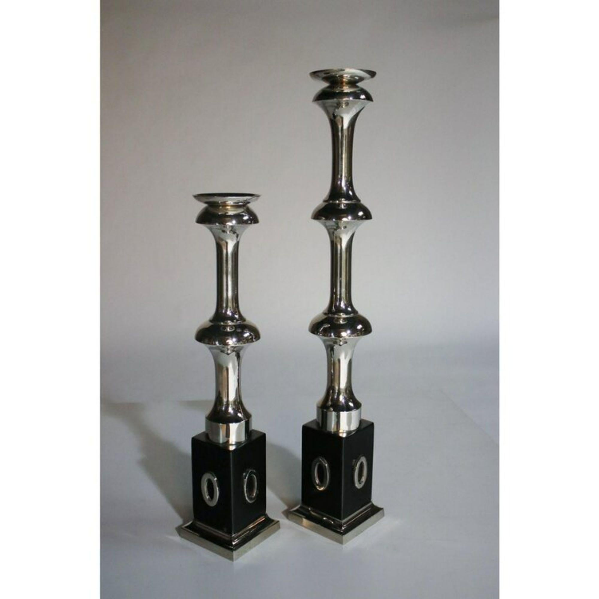 Modern Tall Pair of Nickel Candle Holders by Global Views For Sale