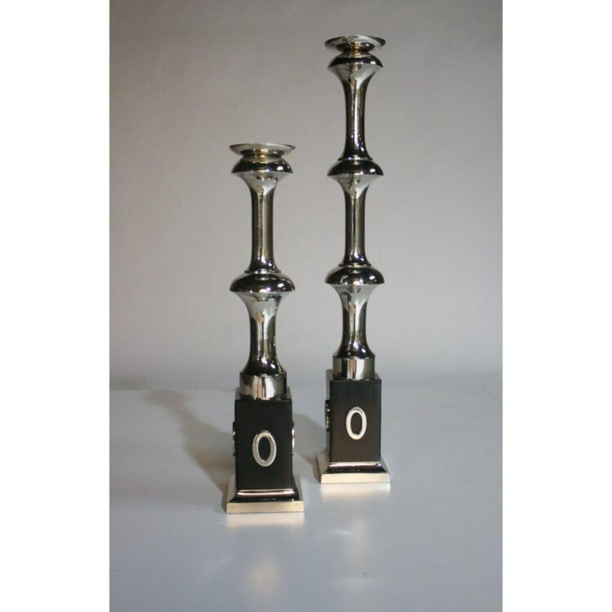 Polished Tall Pair of Nickel Candle Holders by Global Views For Sale