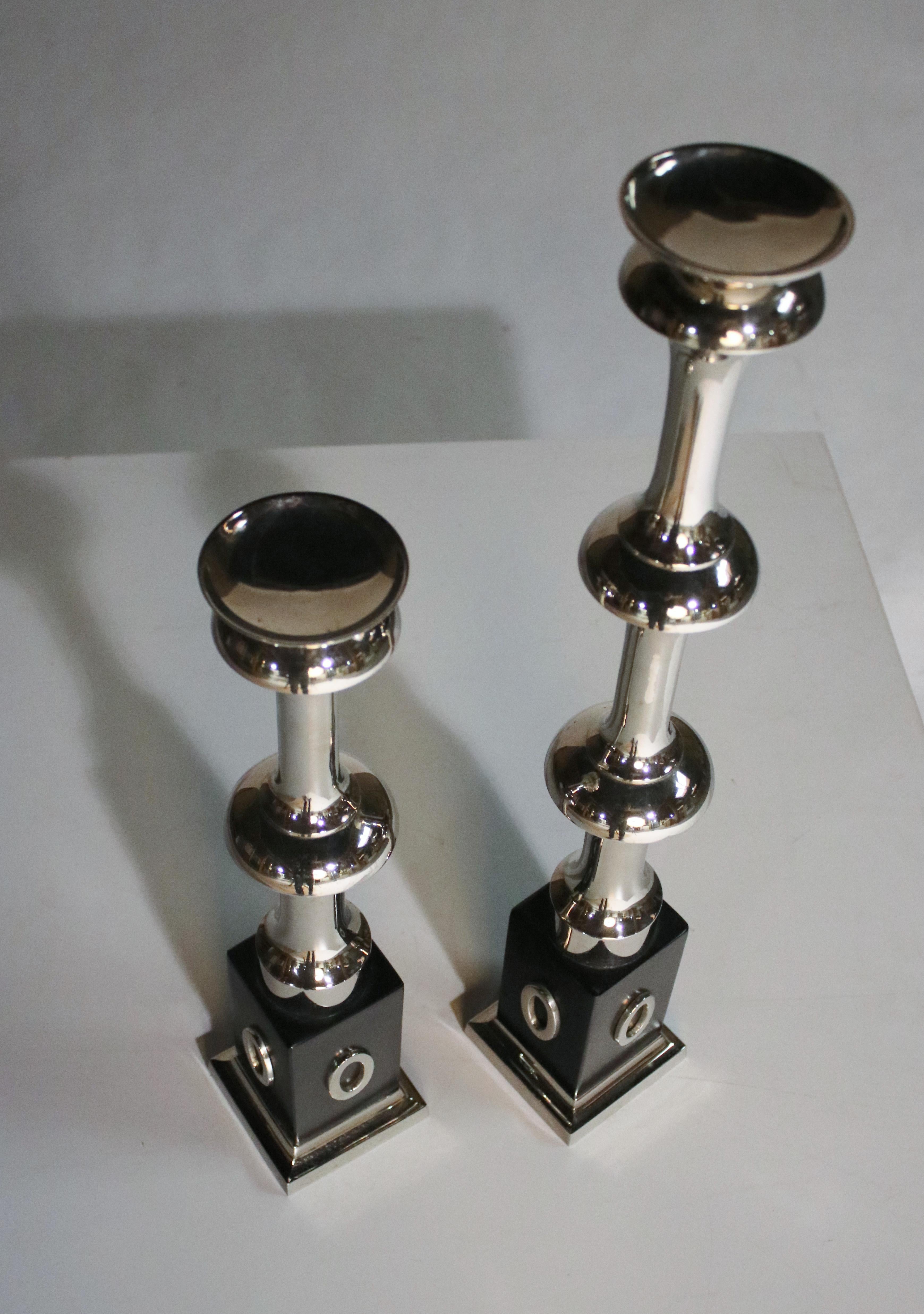 Tall Pair of Nickel Candle Holders by Global Views In Good Condition For Sale In Chicago, IL