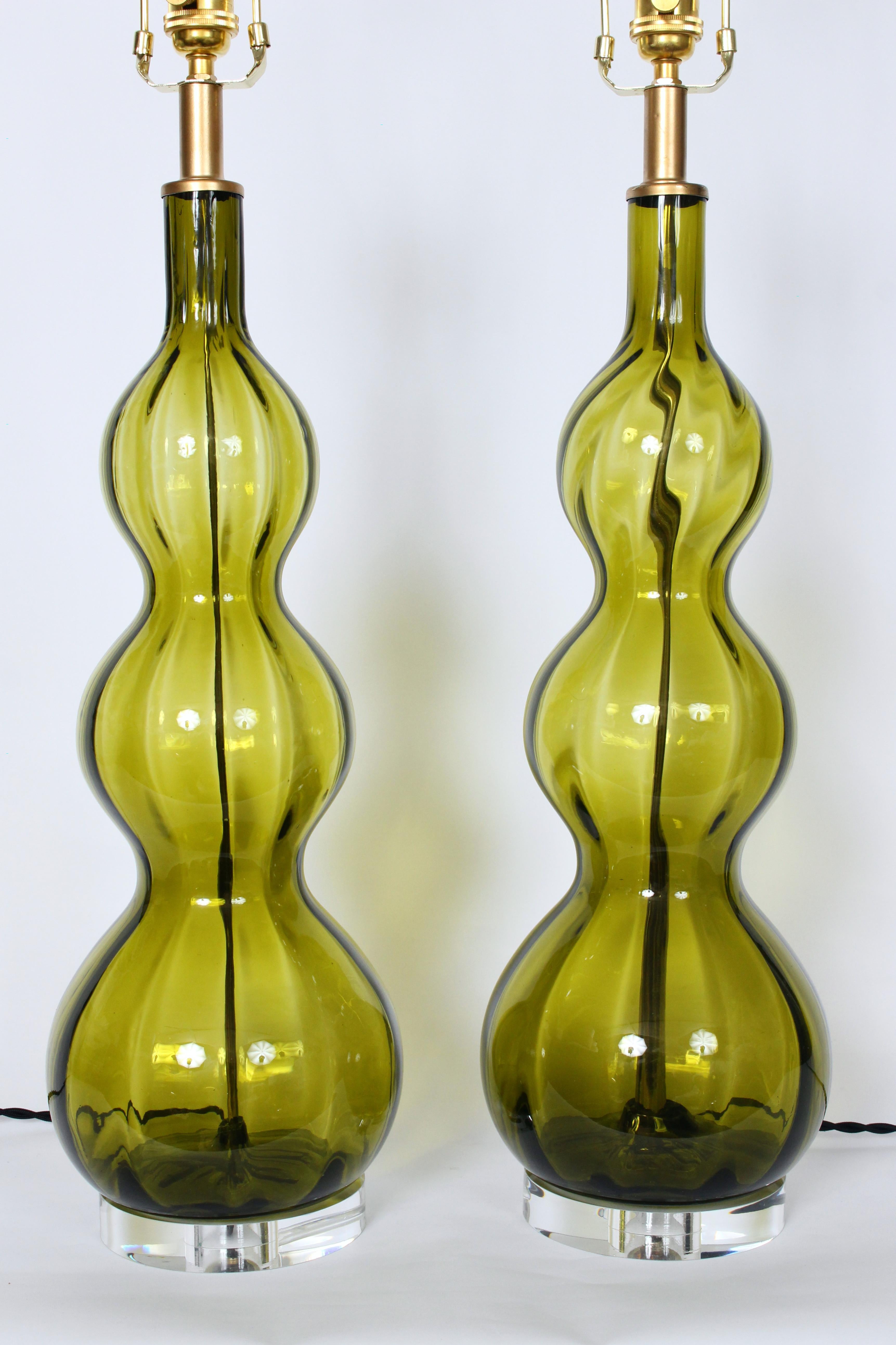 Tall Pair of Stacked Triple Gourd Olive Green Art Glass Table Lamps, 1950s For Sale 3