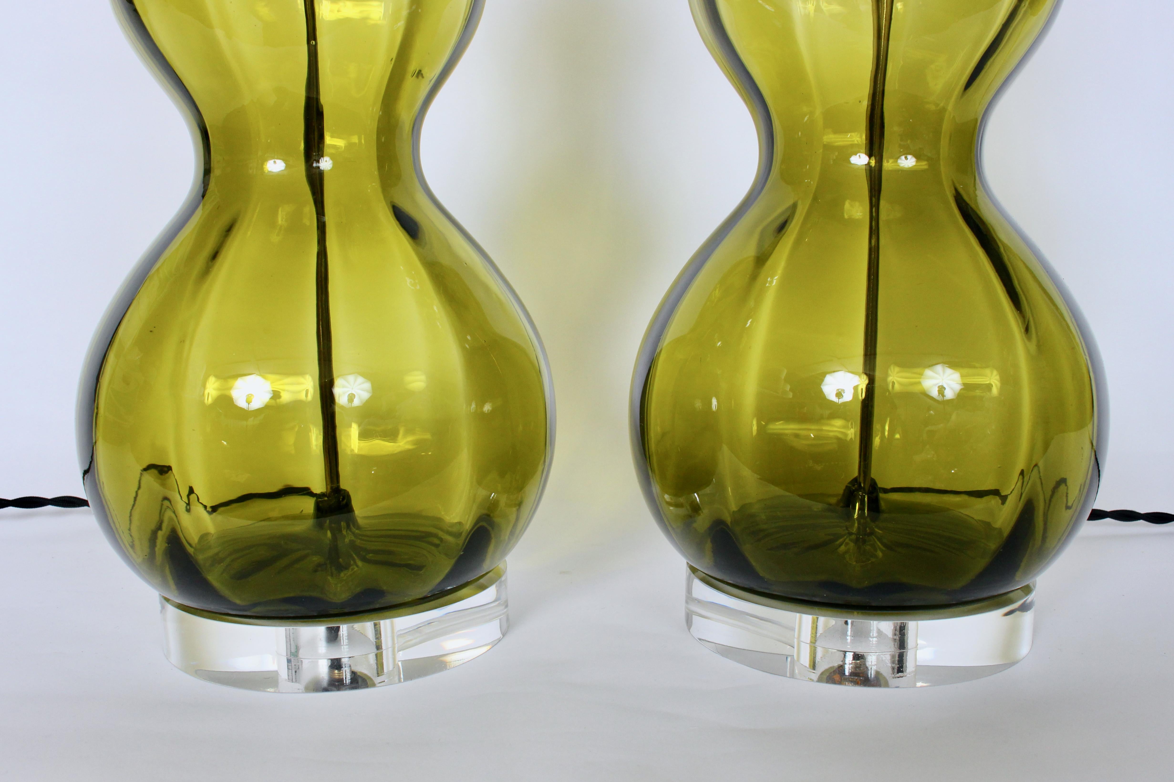 Tall Pair of Stacked Triple Gourd Olive Green Art Glass Table Lamps, 1950s For Sale 6