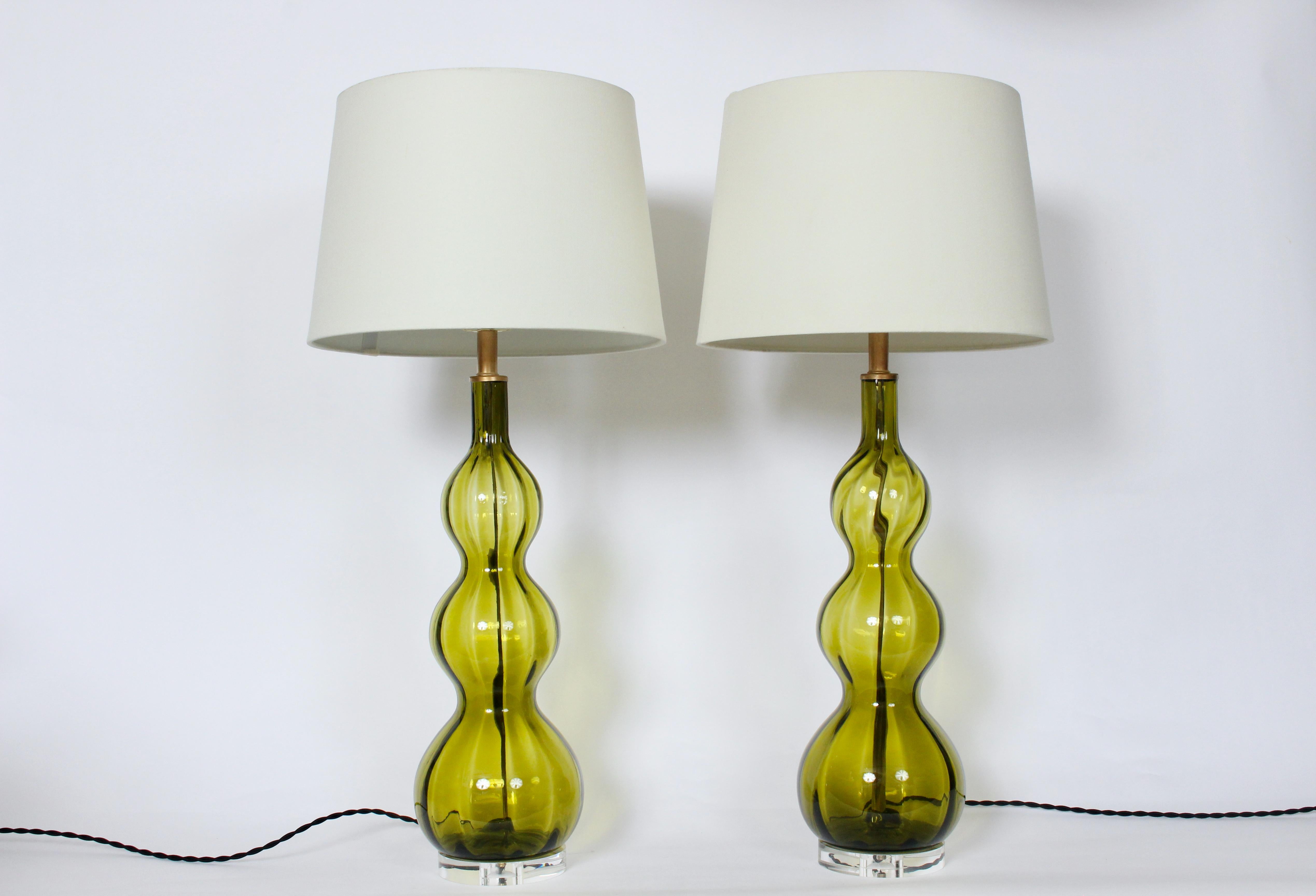 Tall Pair of Stacked Triple Gourd Olive Green Art Glass Table Lamps, 1950s 10