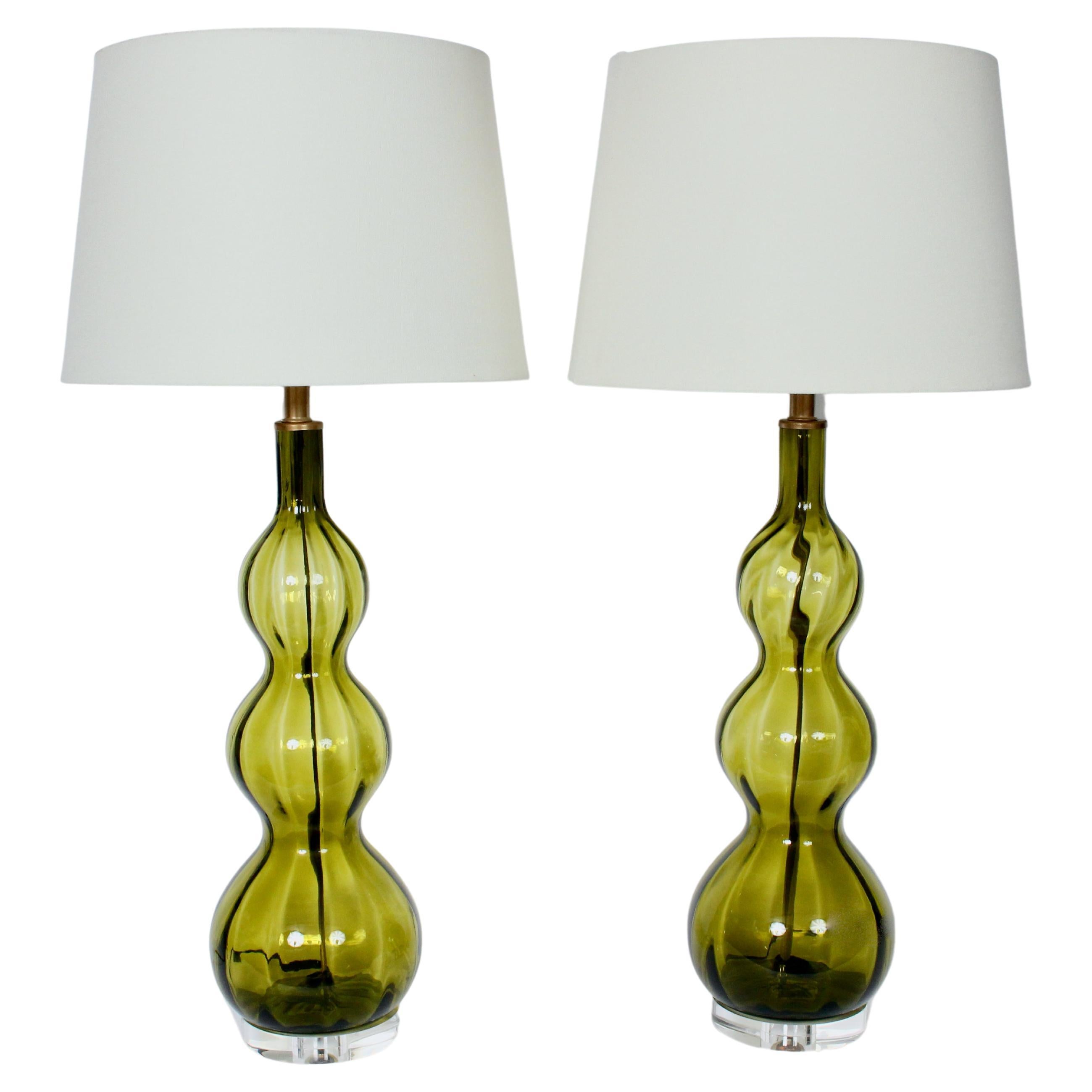 Tall Pair of Stacked Triple Gourd Olive Green Art Glass Table Lamps, 1950s For Sale