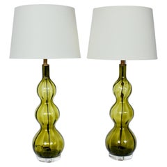 Vintage Tall Pair of Olive Green Art Glass Table Lamps, 1950s