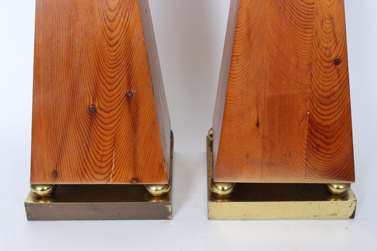 Tall Pair of Pine and Brass Obelisks, 1970's For Sale 7