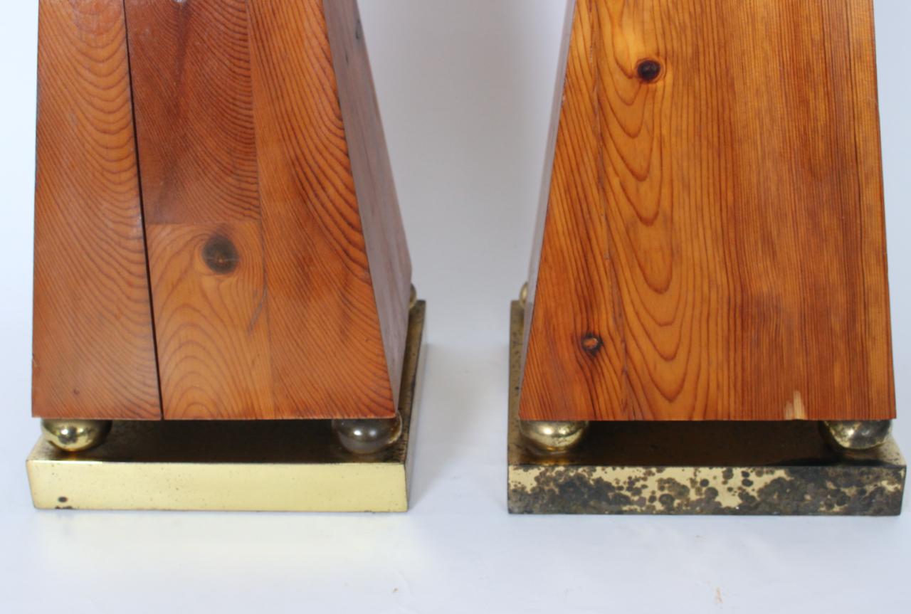 Tall Pair of Pine and Brass Obelisks, 1970's For Sale 8