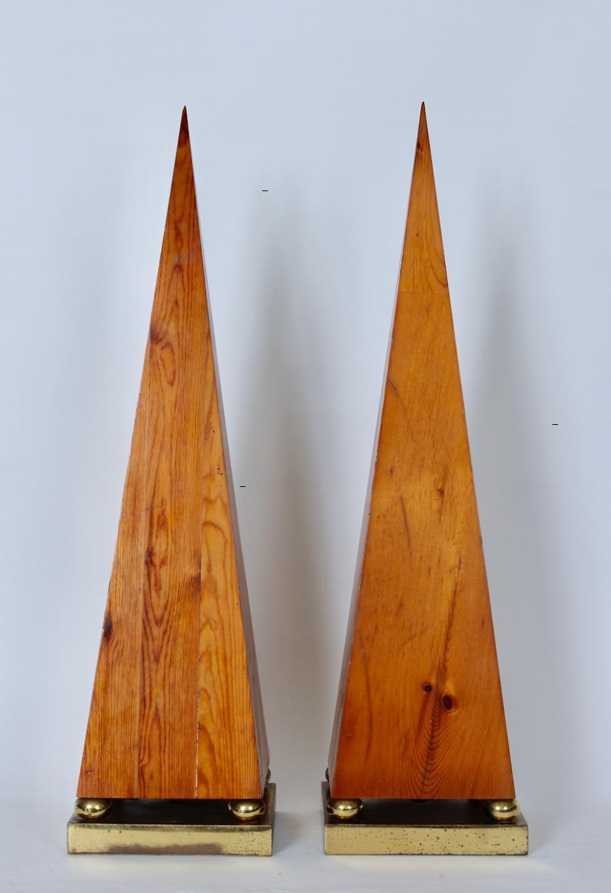 Tall Pair of Pine and Brass Obelisks, 1970's For Sale 14