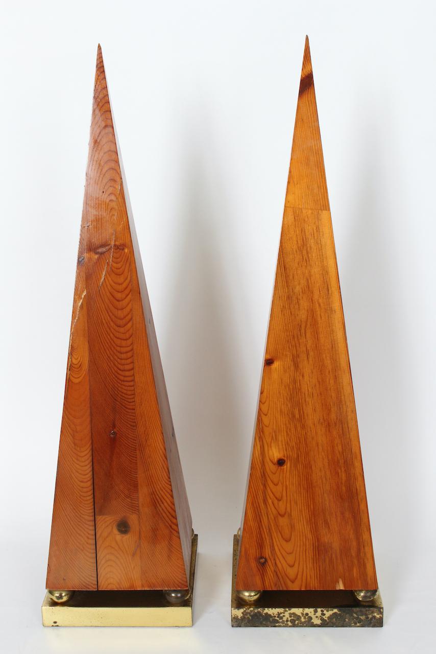 Mid-Century Modern Tall Pair of Pine and Brass Obelisks, 1970's For Sale