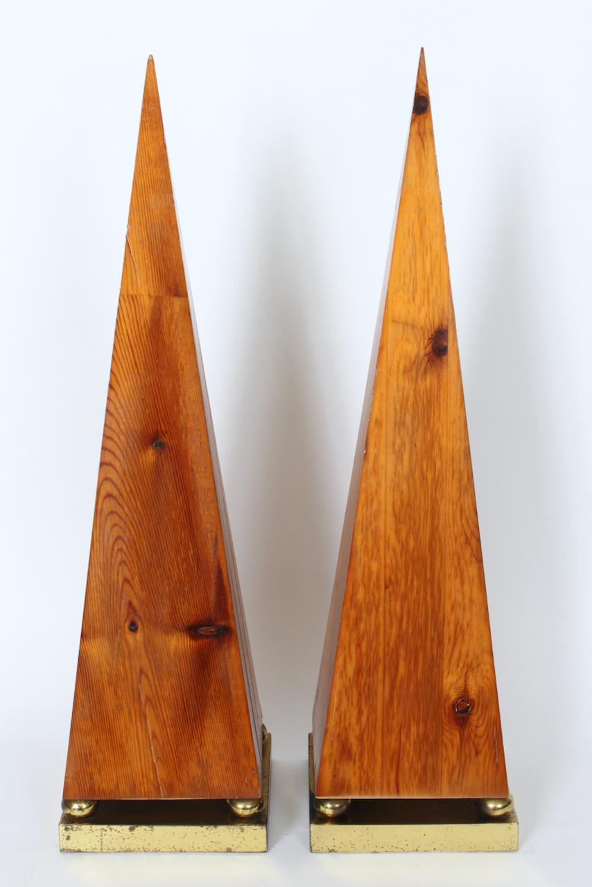 American Tall Pair of Pine and Brass Obelisks, 1970's For Sale