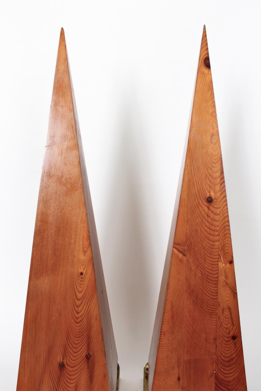 Tall Pair of Pine and Brass Obelisks, 1970's For Sale 2