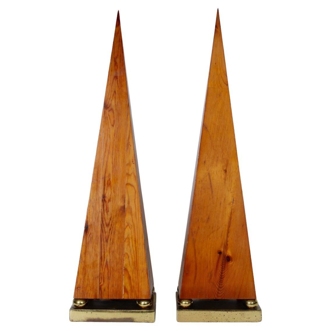 Tall Pair of Pine and Brass Obelisks, 1970's For Sale