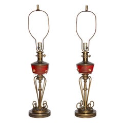 Vintage Tall Pair of Red Murano Glass and Brass Oil Lamp Style Table Lamps, 1940s