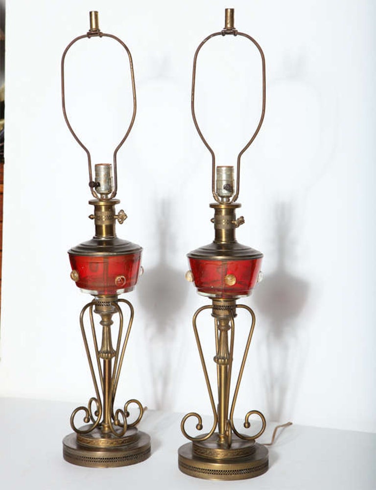 Tall Pair of Red Murano Glass and Brass Oil Lamp Style Table Lamps, 1940s  For Sale at 1stDibs