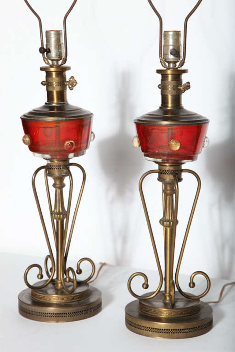 Tall Pair of Red Murano Glass and Brass Oil Lamp Style Table Lamps