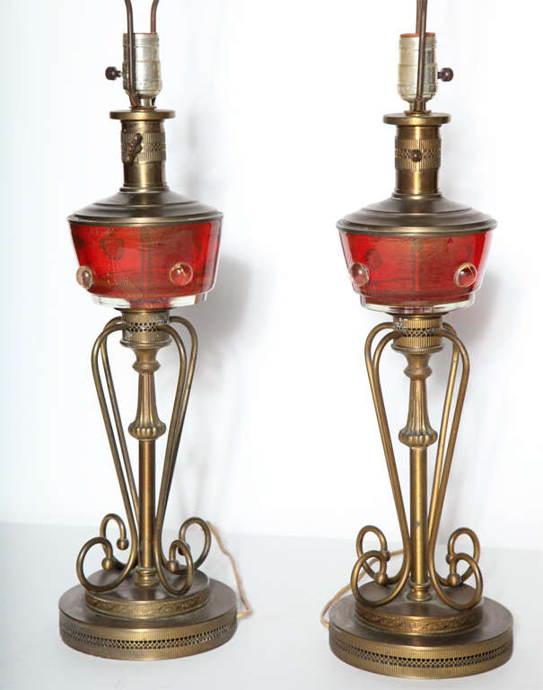 Tall Pair of Red Murano Glass and Brass Oil Lamp Style Table Lamps, 1940s In Good Condition For Sale In Bainbridge, NY