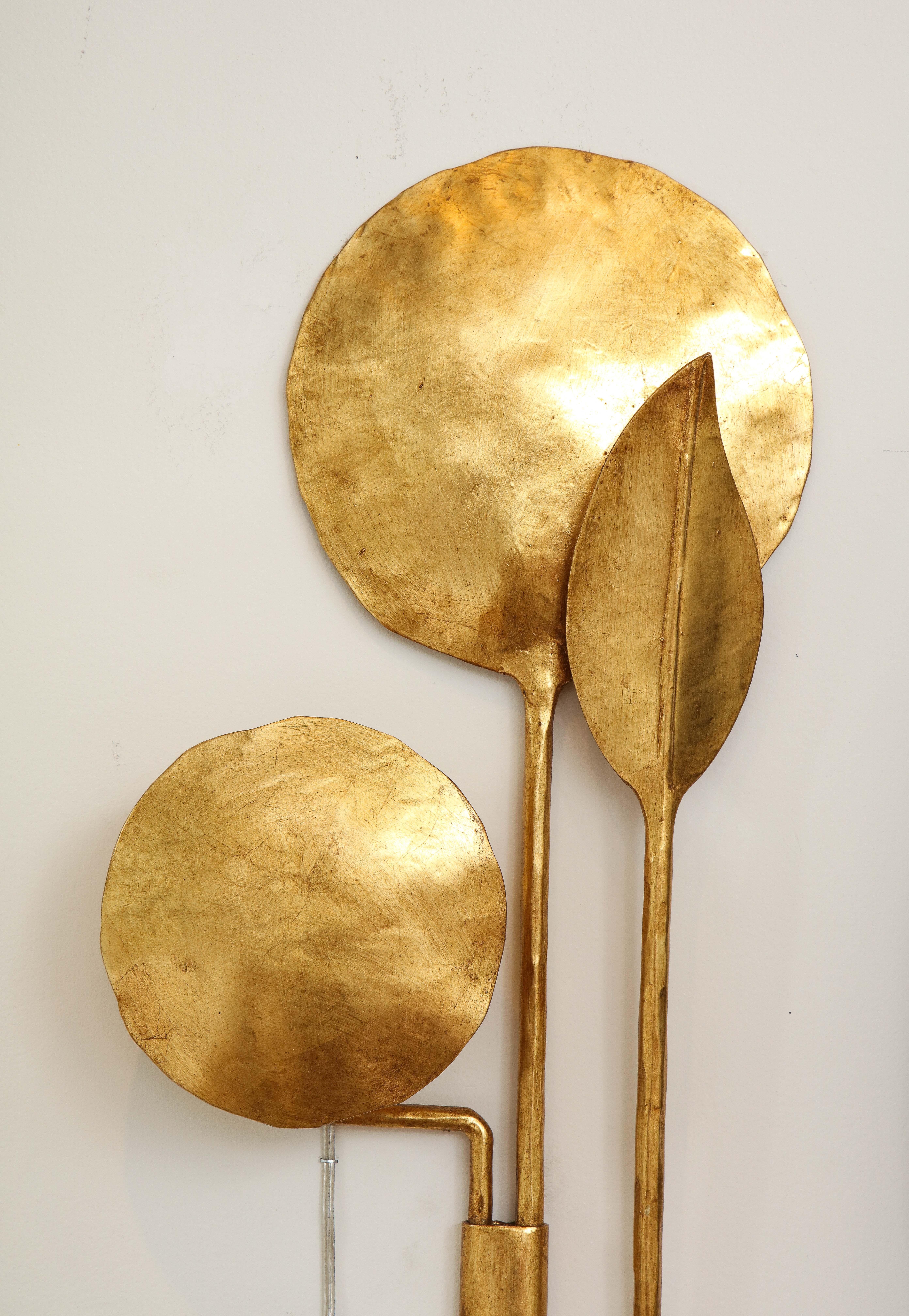 Tall Pair of Sculptural 24k Gold Leaf Gilded Sconces in Forged Iron, Italy For Sale 9