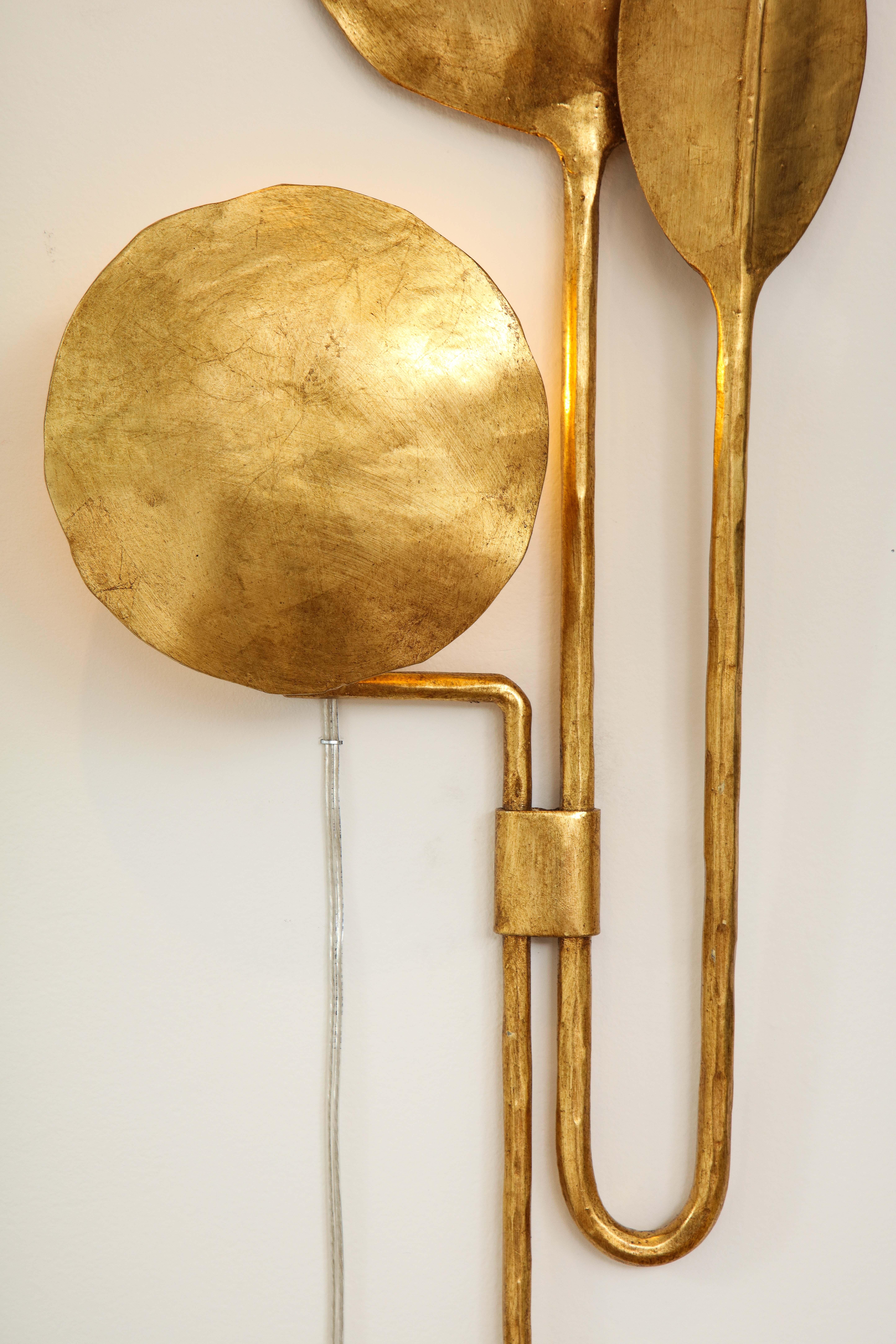 Tall Pair of Sculptural 24k Gold Leaf Gilded Sconces in Forged Iron, Italy In New Condition For Sale In New York, NY