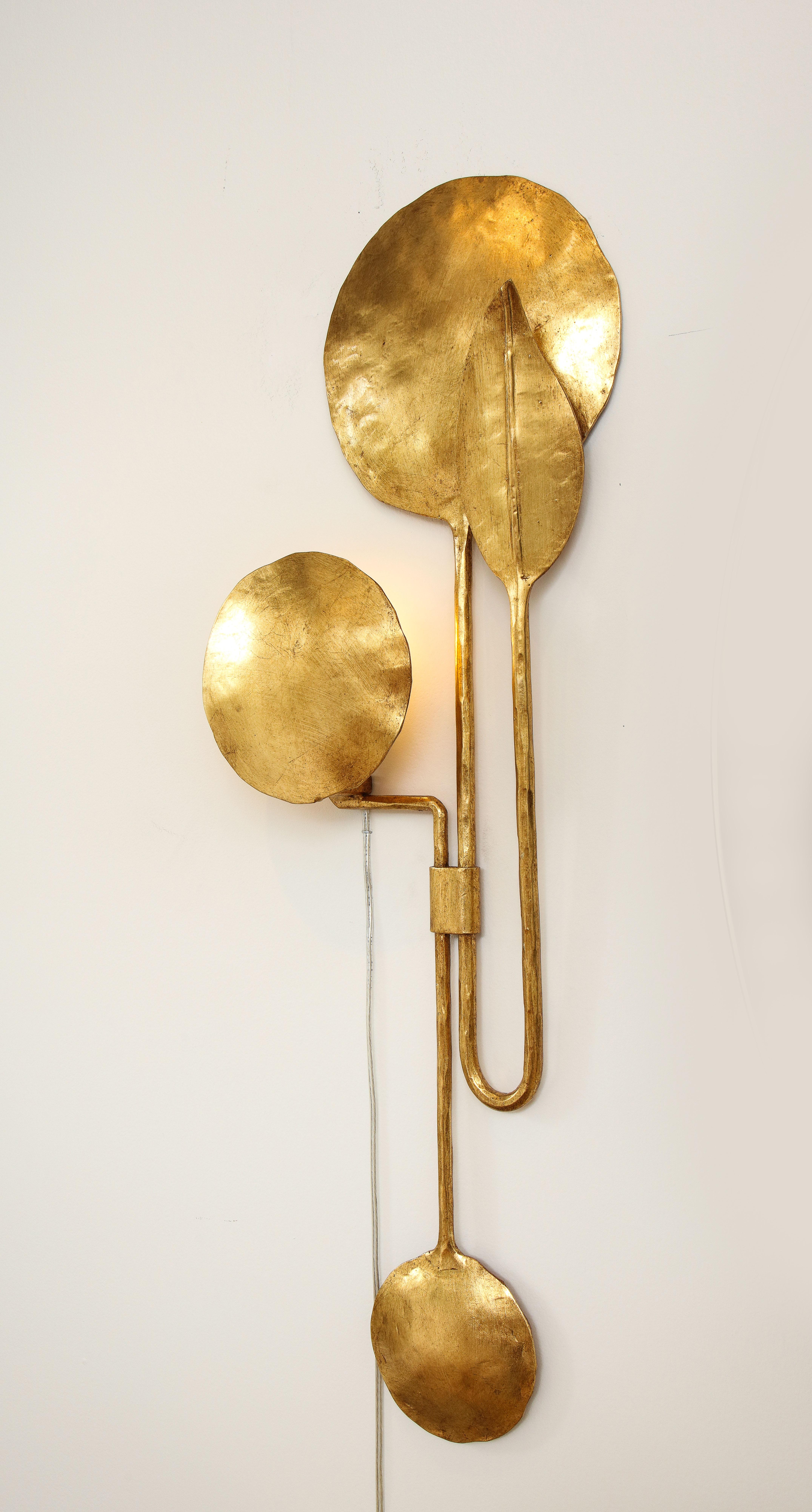 Tall Pair of Sculptural 24k Gold Leaf Gilded Sconces in Forged Iron, Italy For Sale 2