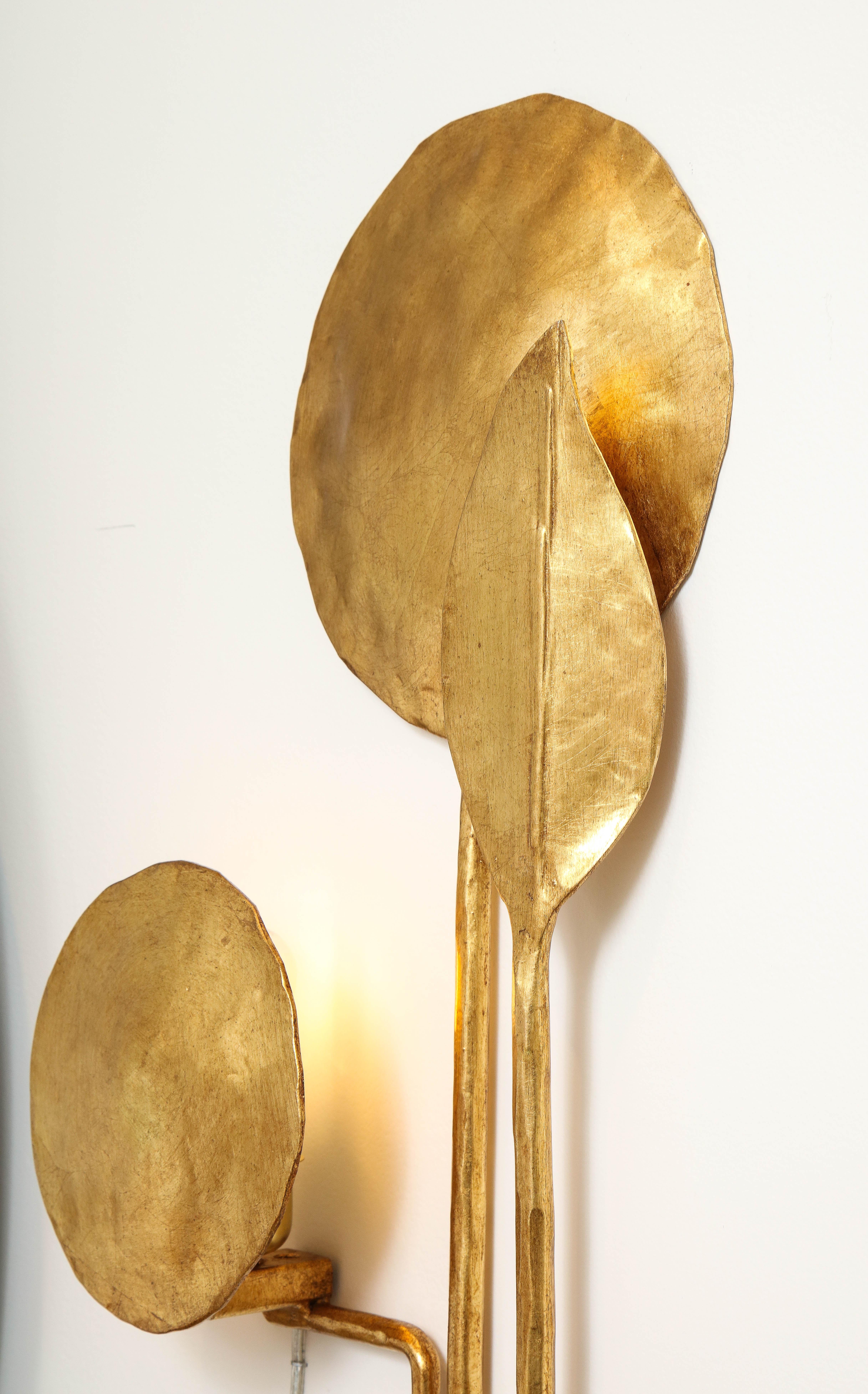 Tall Pair of Sculptural 24k Gold Leaf Gilded Sconces in Forged Iron, Italy For Sale 3