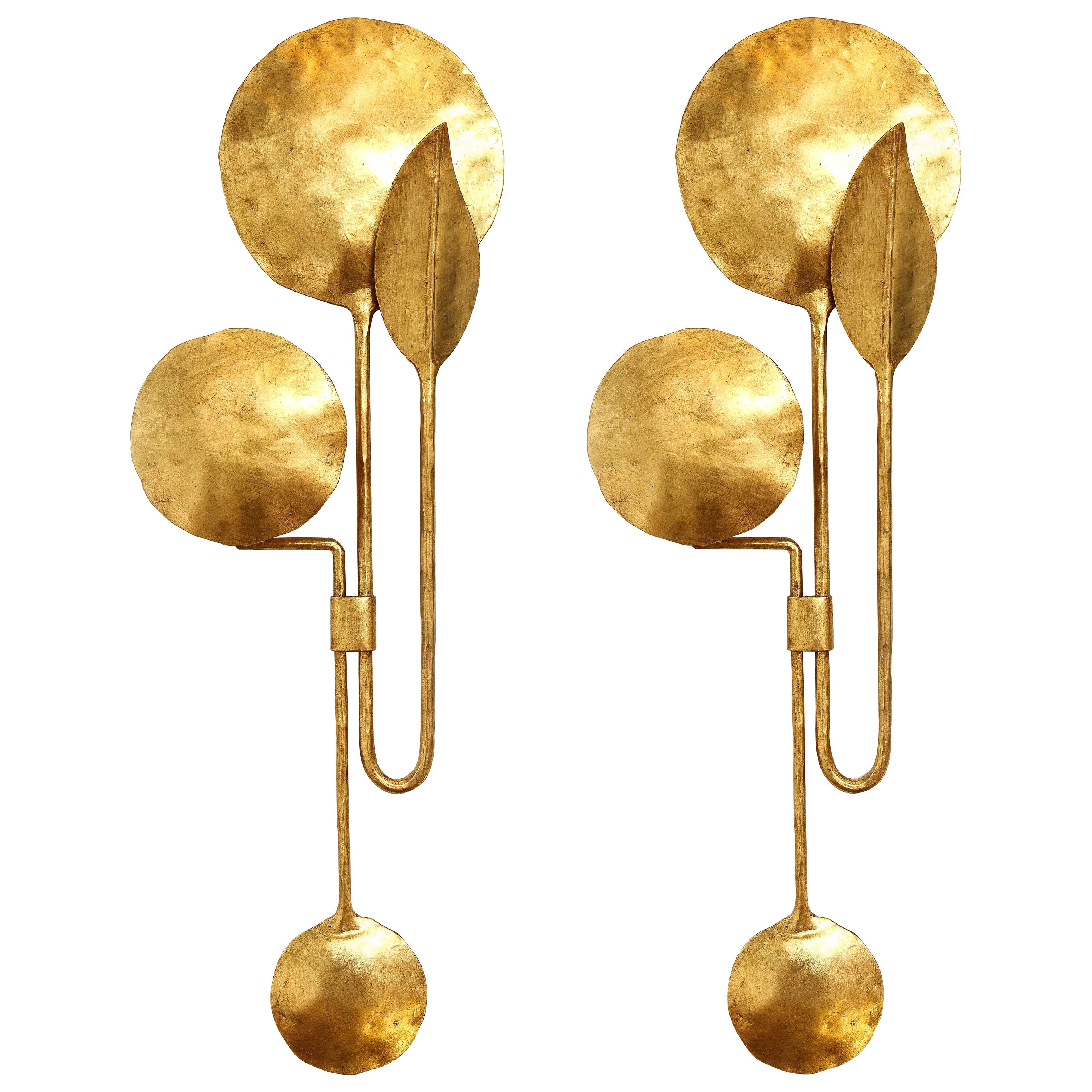 Tall Pair of Sculptural 24k Gold Leaf Gilded Sconces in Forged Iron, Italy