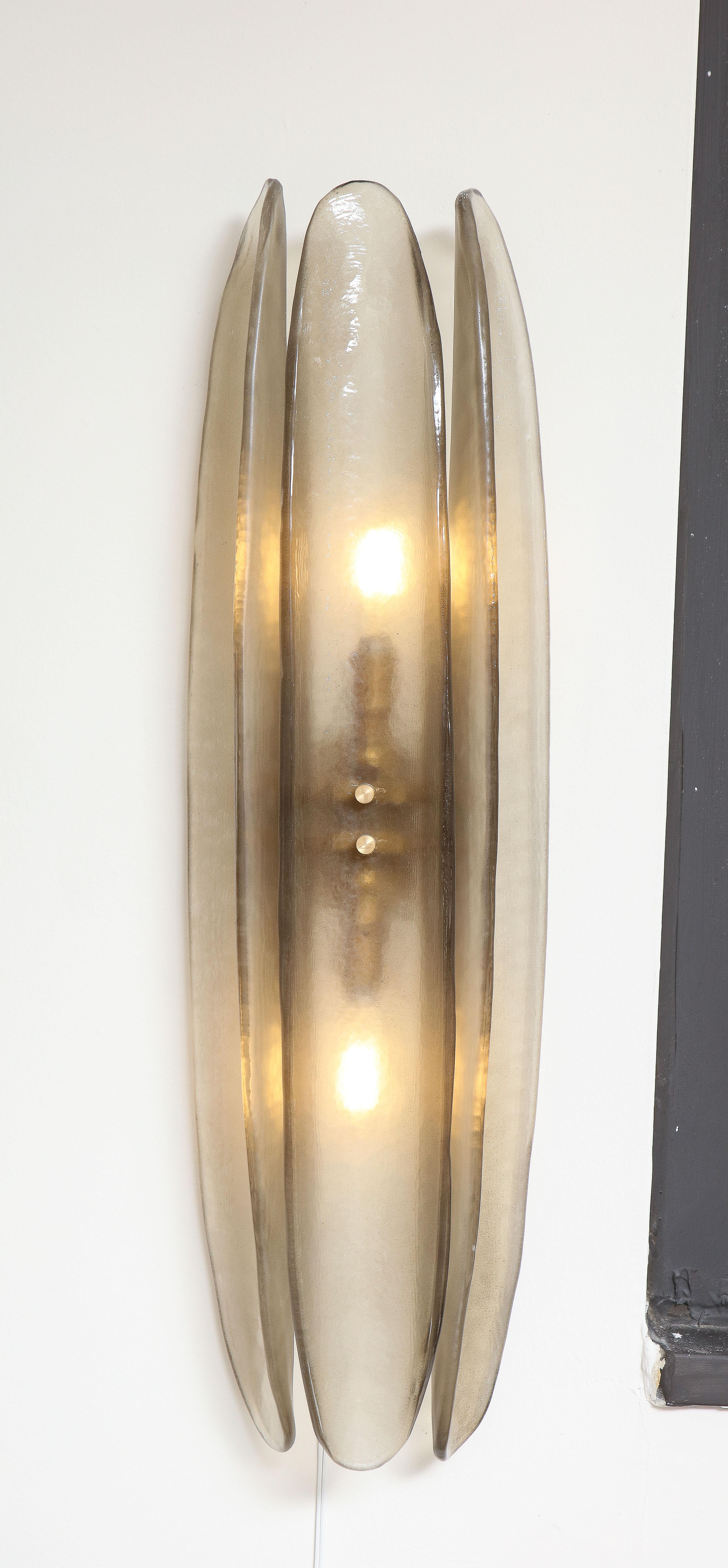 Tall Pair of Smoked Grey Taupe Murano Three Glass and Brass Sconces, Italy, 2022 3