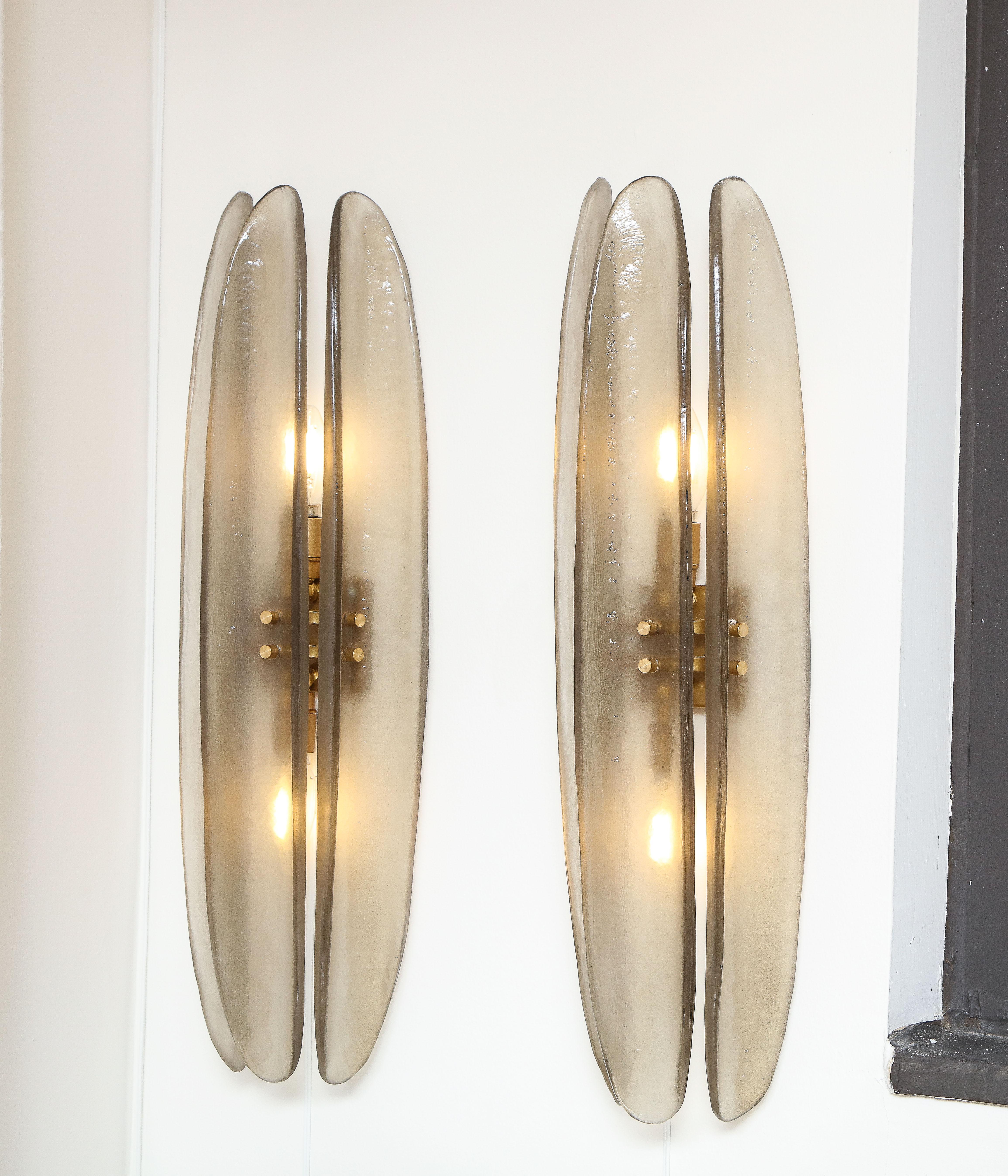 Tall Pair of Smoked Grey Taupe Murano Three Glass and Brass Sconces, Italy, 2022 4