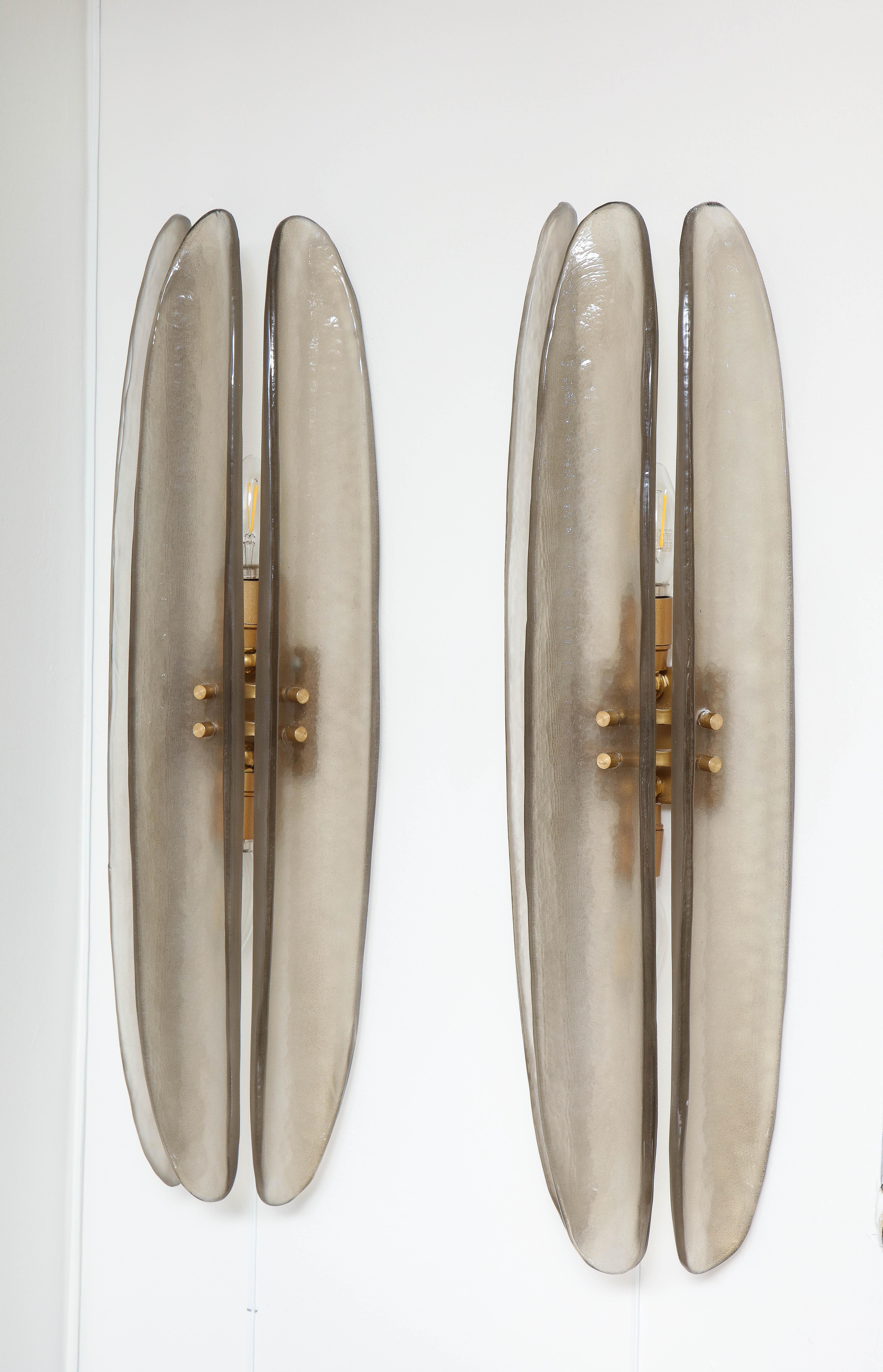 Italian Tall Pair of Smoked Grey Taupe Murano Three Glass and Brass Sconces, Italy, 2022