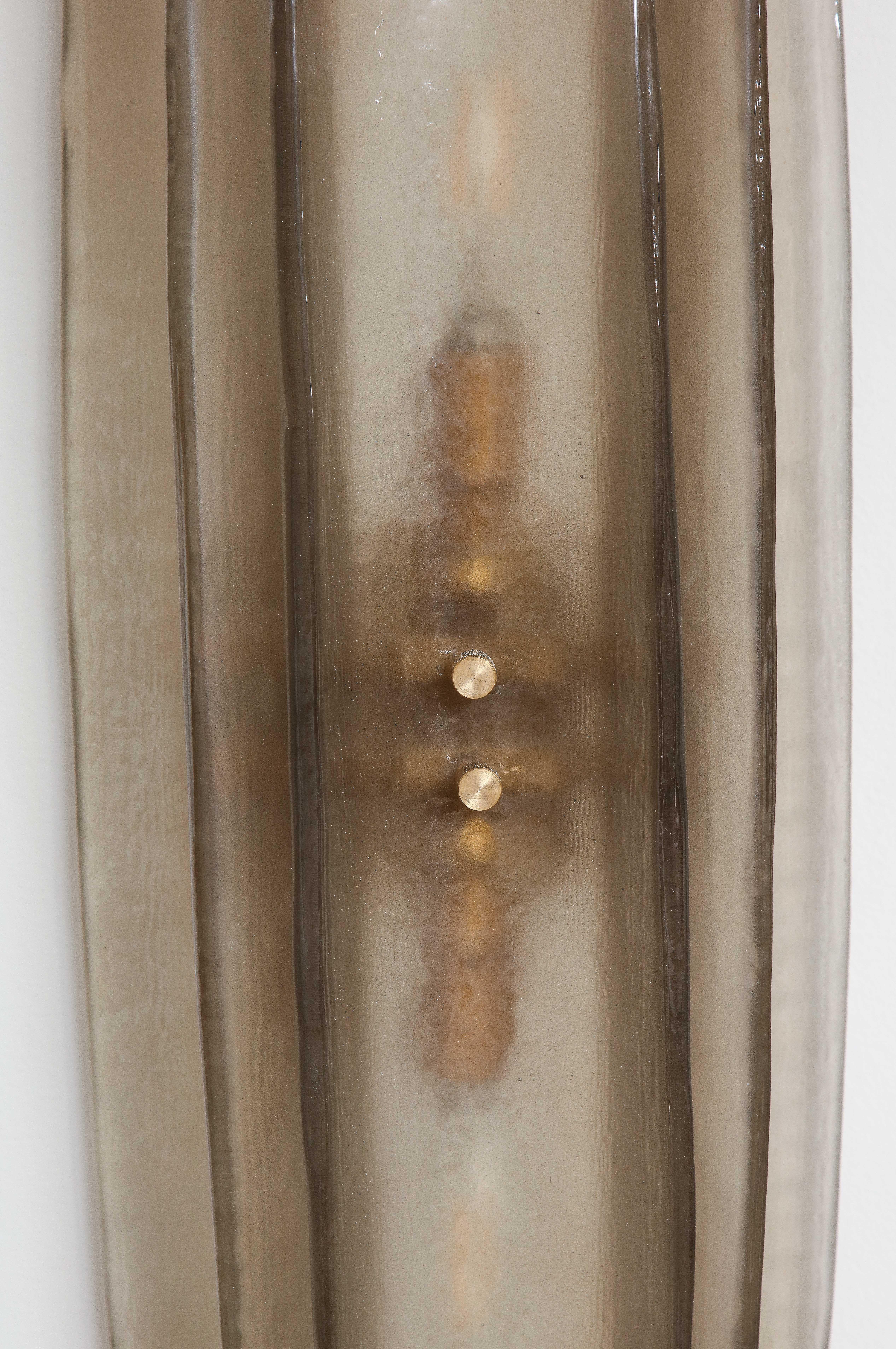 Contemporary Tall Pair of Smoked Grey Taupe Murano Three Glass and Brass Sconces, Italy, 2022