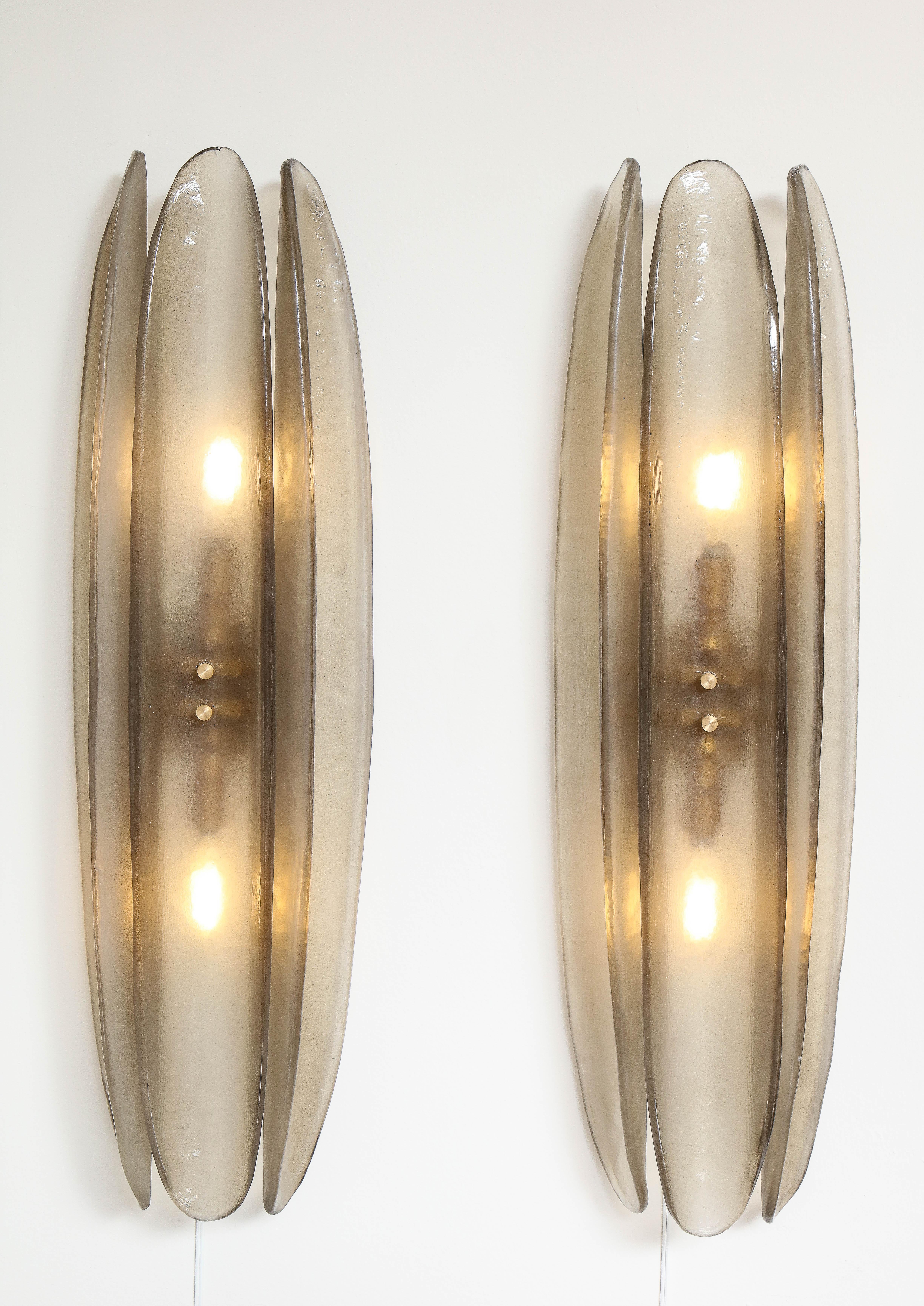 Tall Pair of Smoked Grey Taupe Murano Three Glass and Brass Sconces, Italy, 2022 2