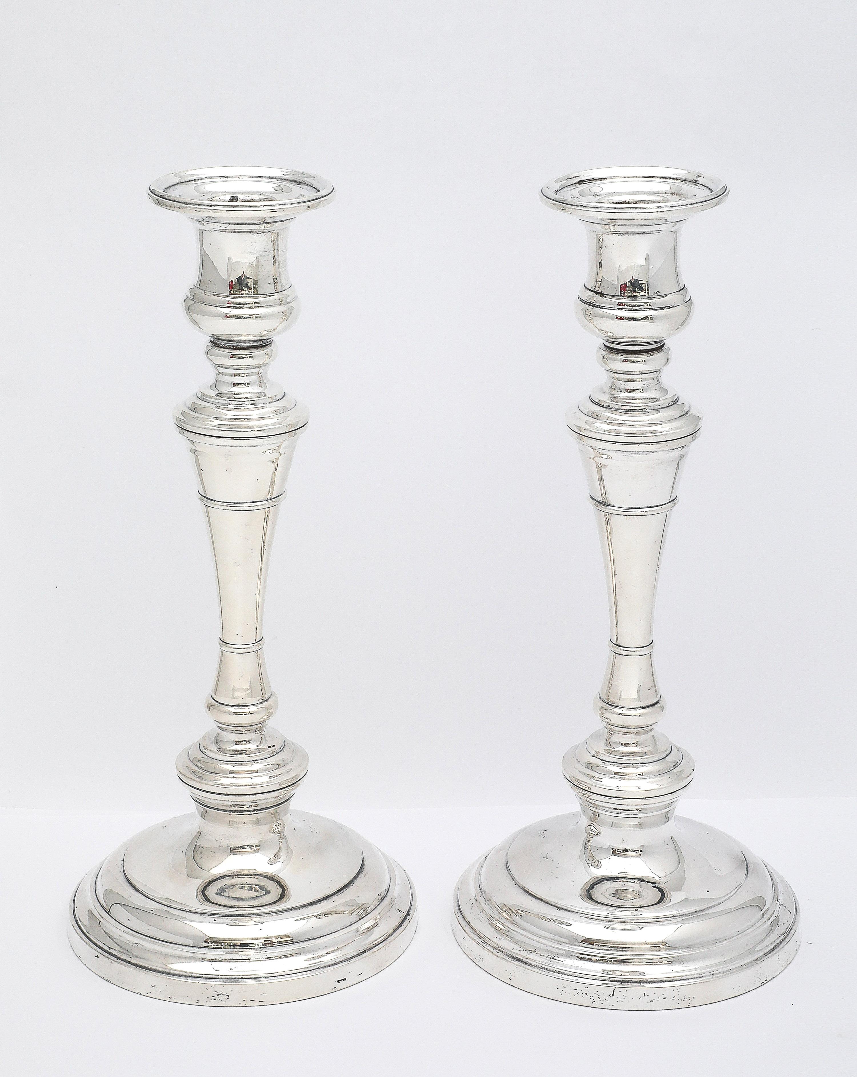 Mid-20th Century  Tall Pair of Sterling Silver George III-Style Candlesticks - S. Kirk and Son For Sale