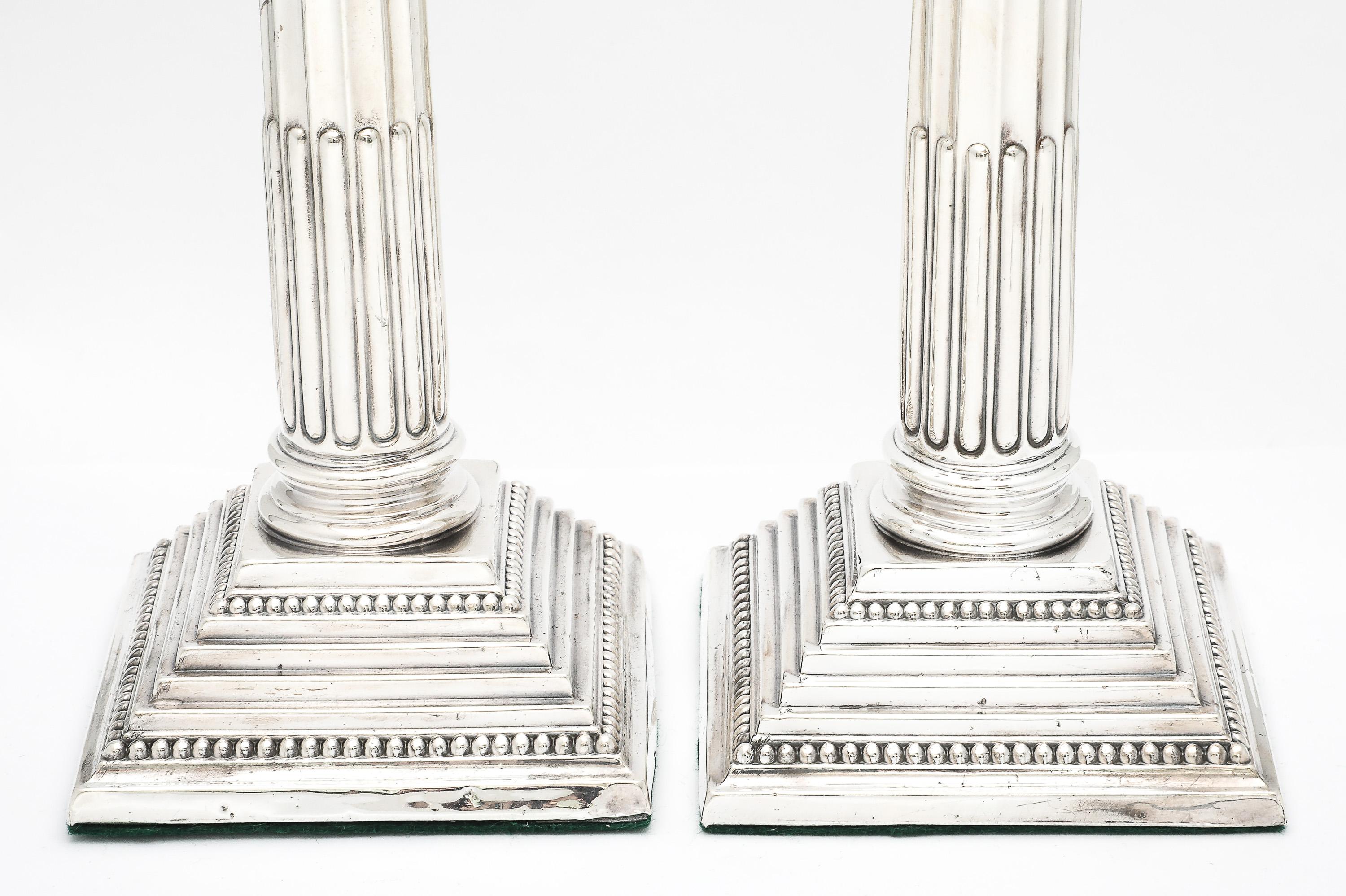Tall Pair of Sterling Silver Neoclassical-Style Corinthian Column Candlesticks For Sale 5