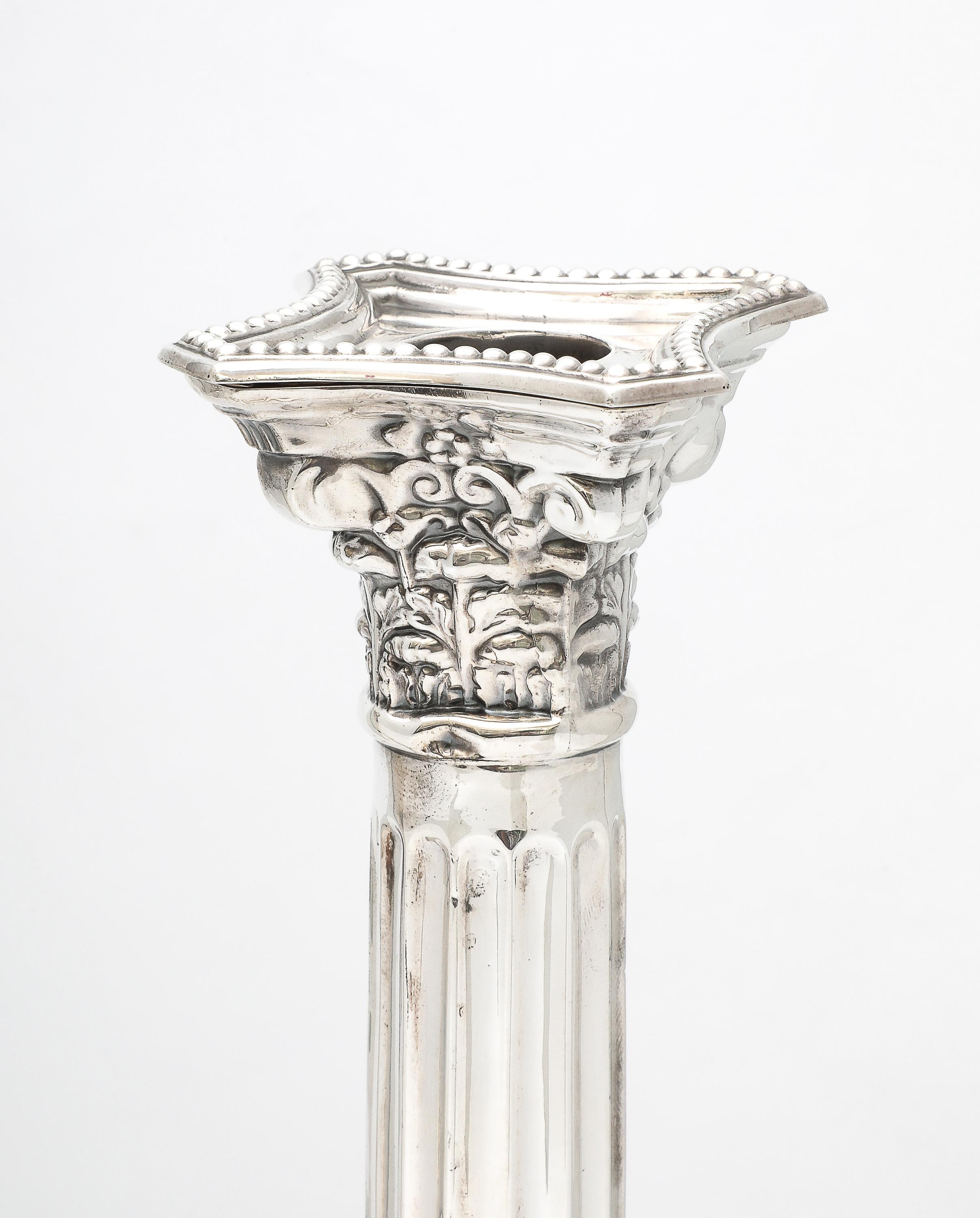 Tall Pair of Sterling Silver Neoclassical-Style Corinthian Column Candlesticks For Sale 6