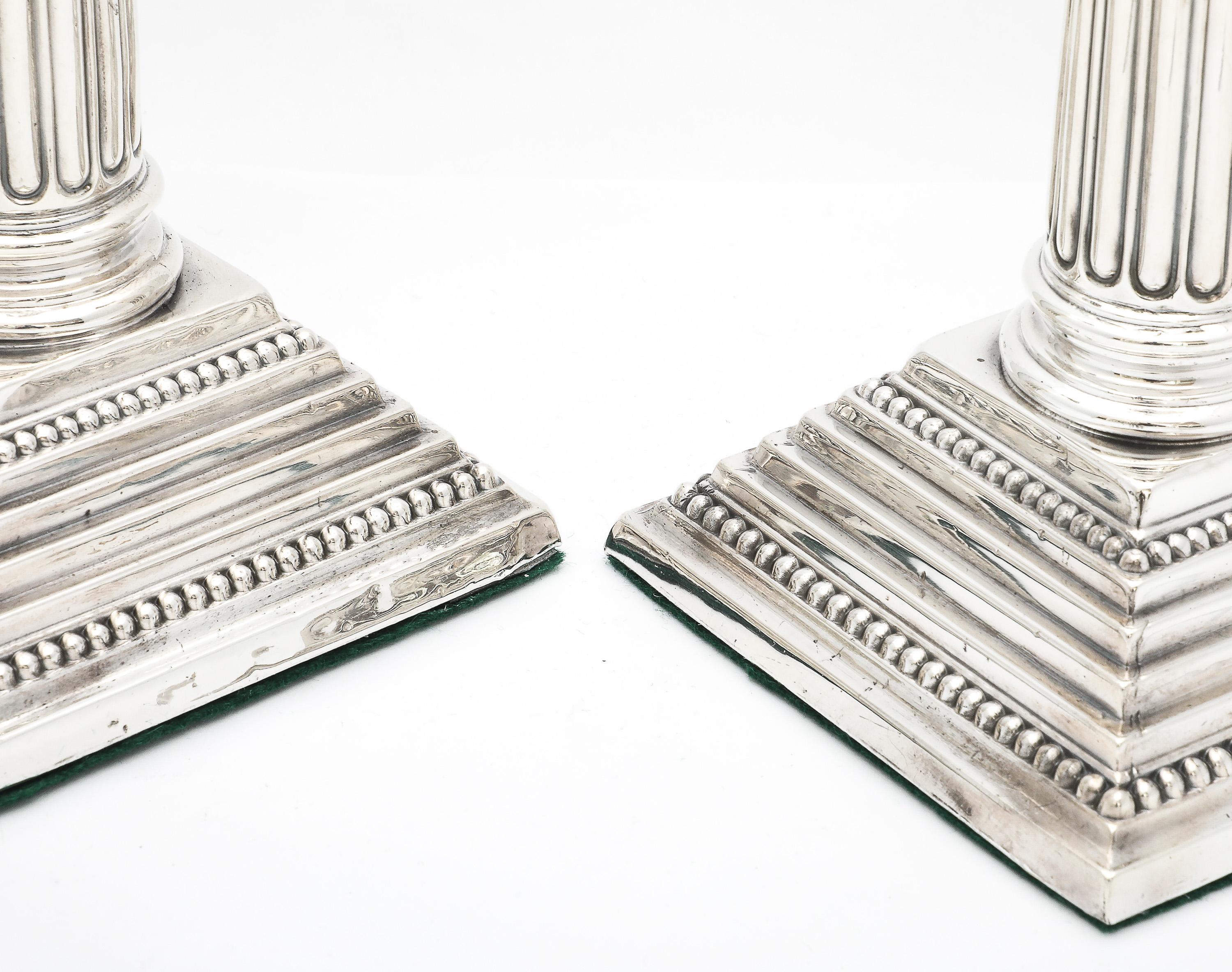 Tall Pair of Sterling Silver Neoclassical-Style Corinthian Column Candlesticks For Sale 7