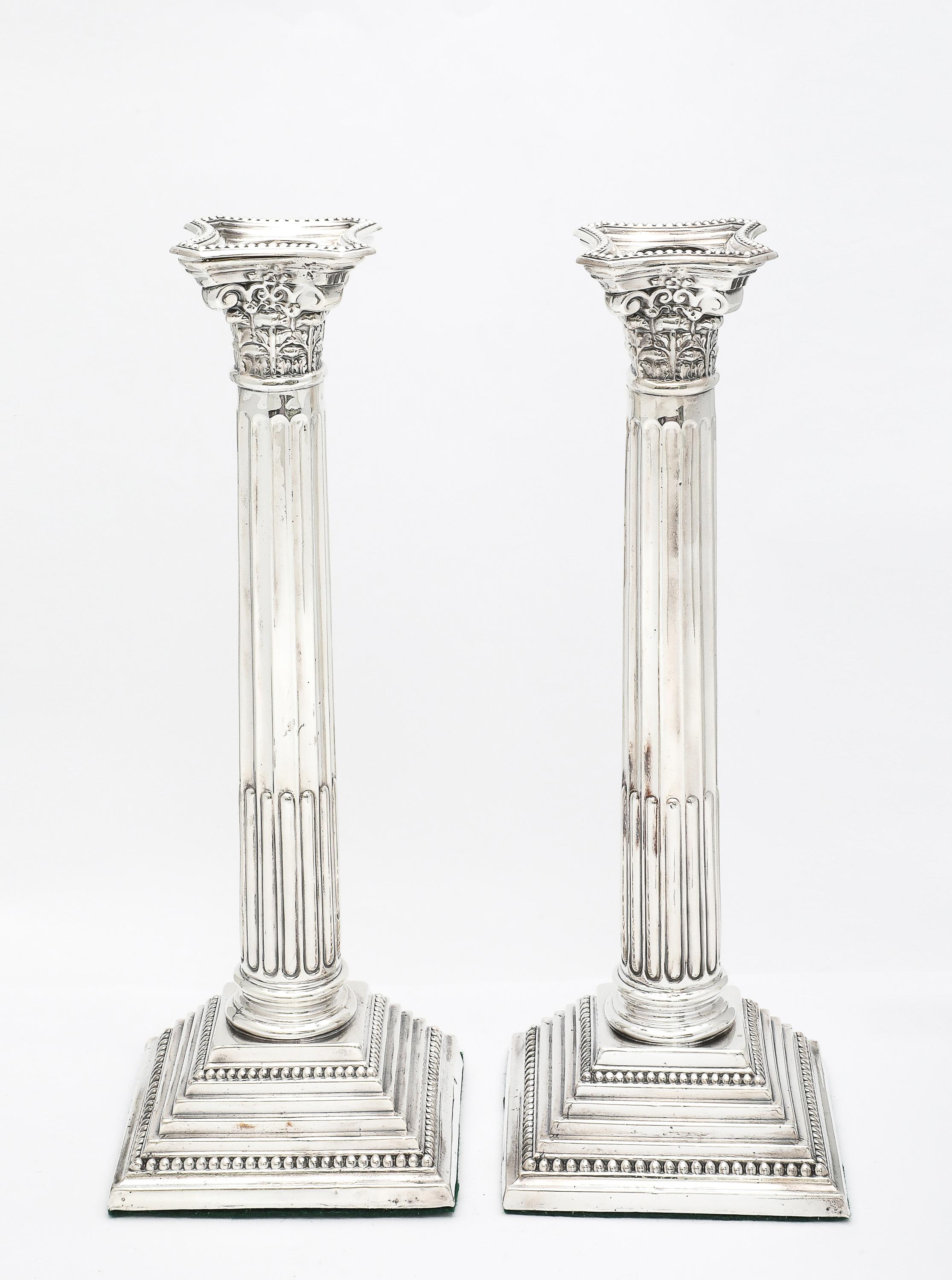 Tall Pair of Sterling Silver Neoclassical-Style Corinthian Column Candlesticks For Sale 8
