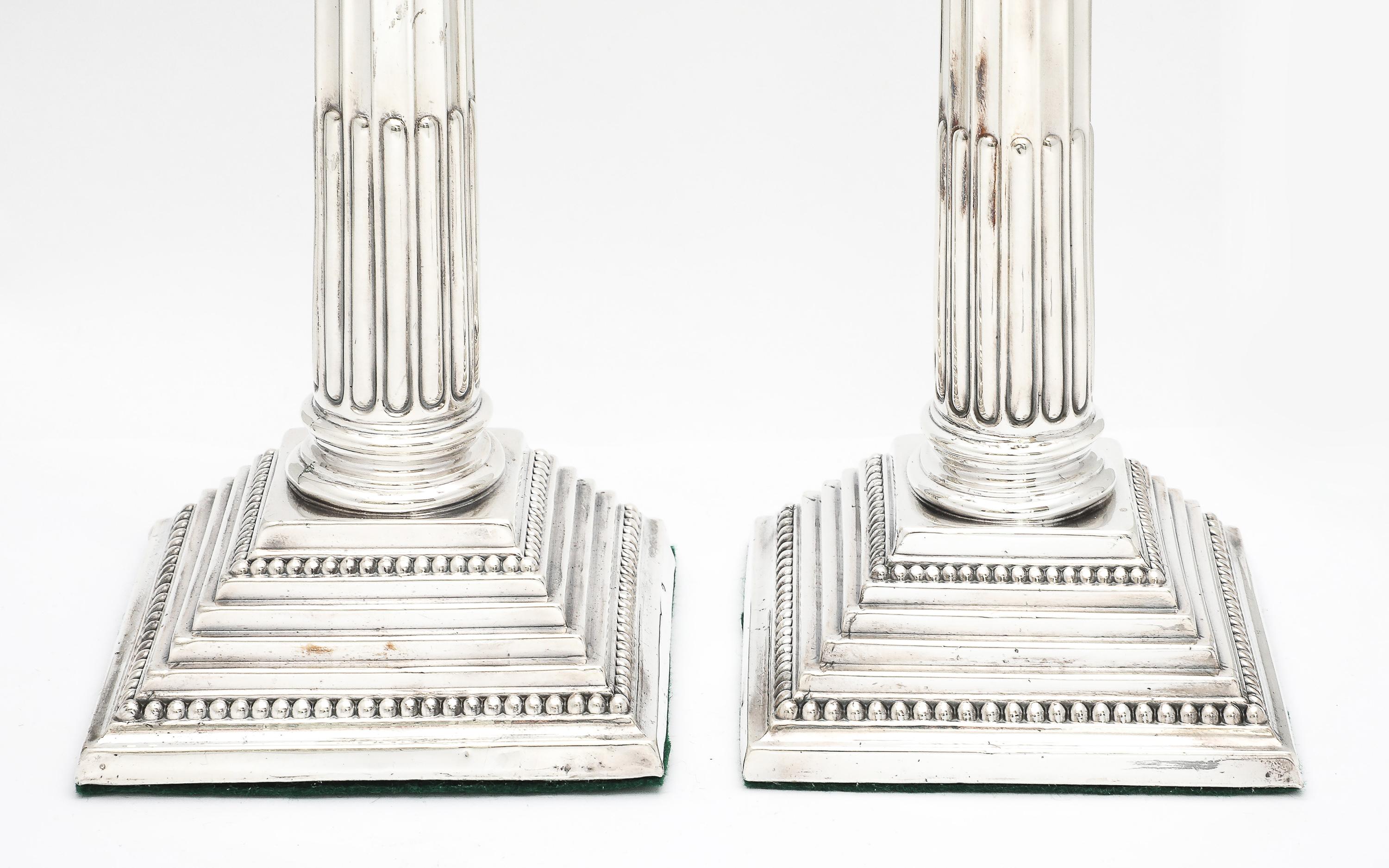 Tall Pair of Sterling Silver Neoclassical-Style Corinthian Column Candlesticks For Sale 9
