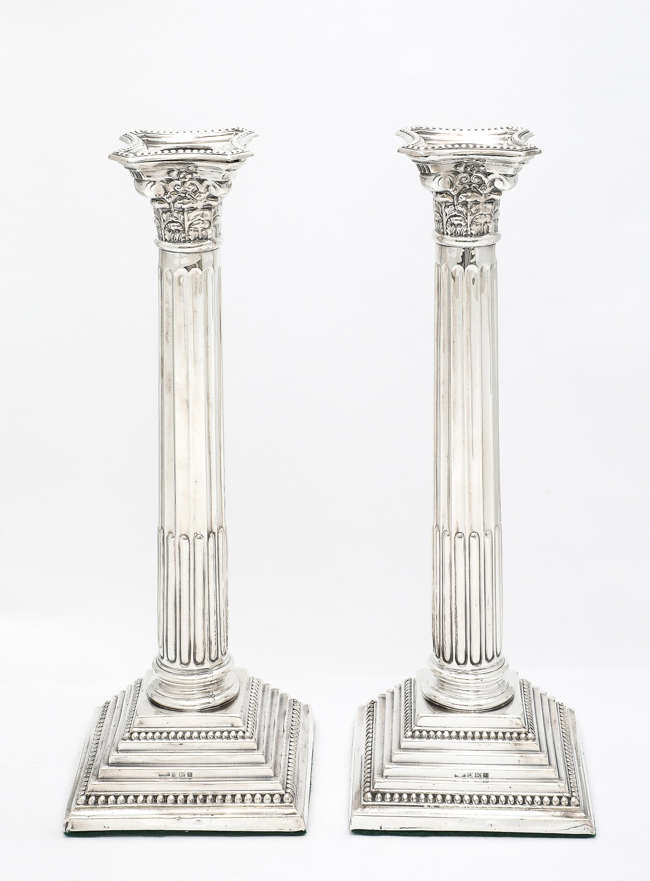 Tall Pair of Sterling Silver Neoclassical-Style Corinthian Column Candlesticks For Sale 10