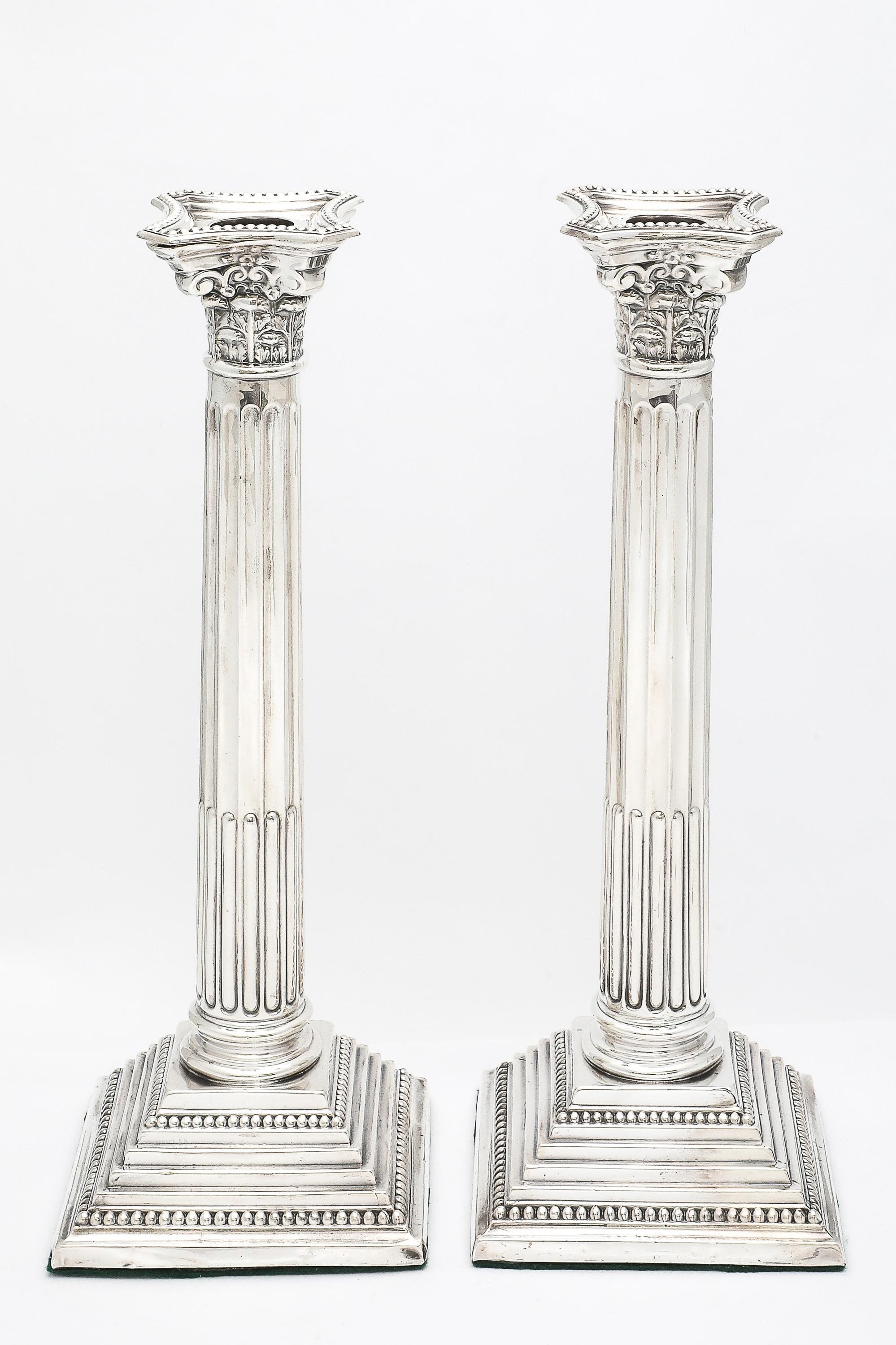 Tall Pair of Sterling Silver Neoclassical-Style Corinthian Column Candlesticks For Sale 11