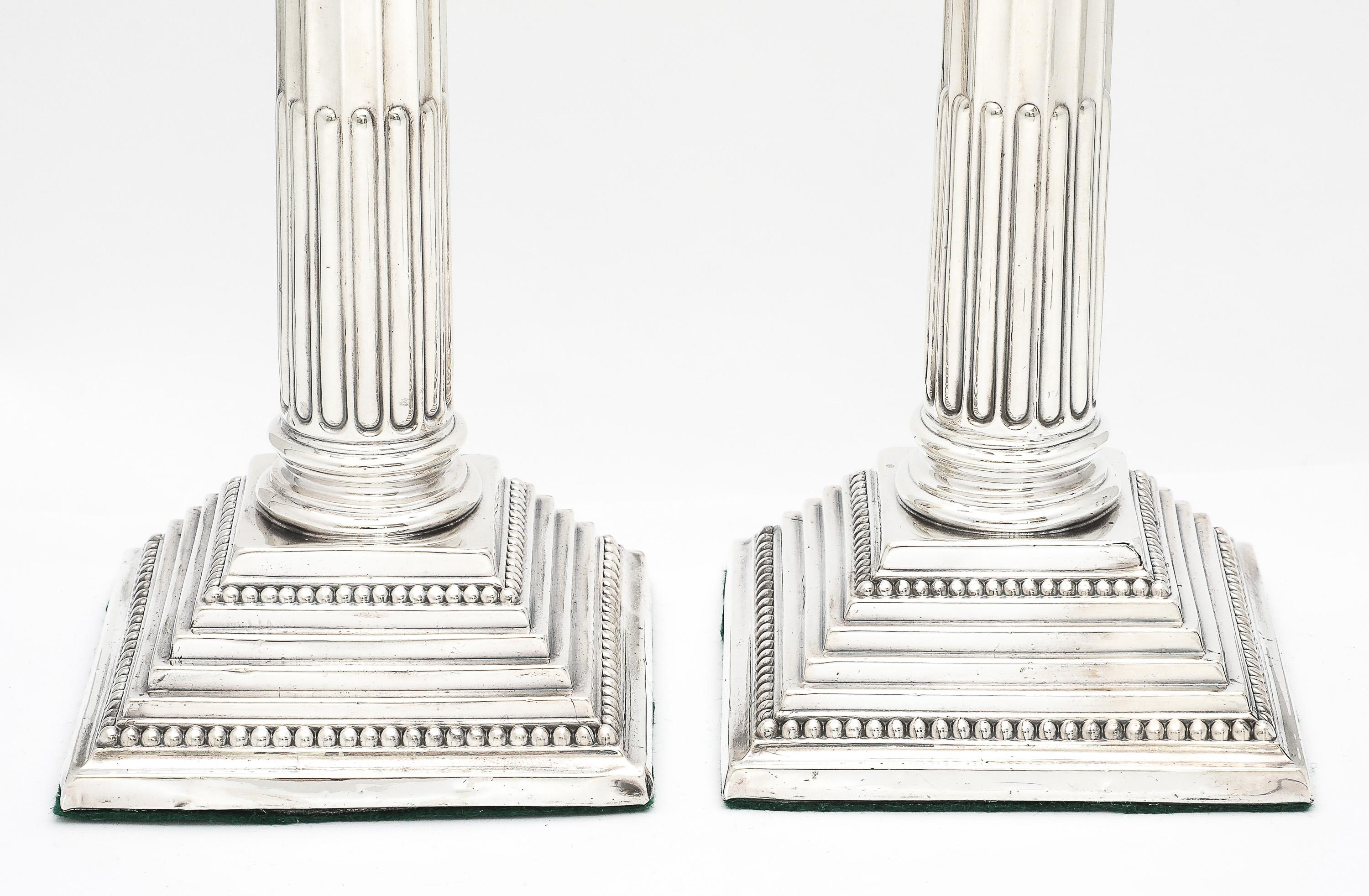 Tall Pair of Sterling Silver Neoclassical-Style Corinthian Column Candlesticks For Sale 12