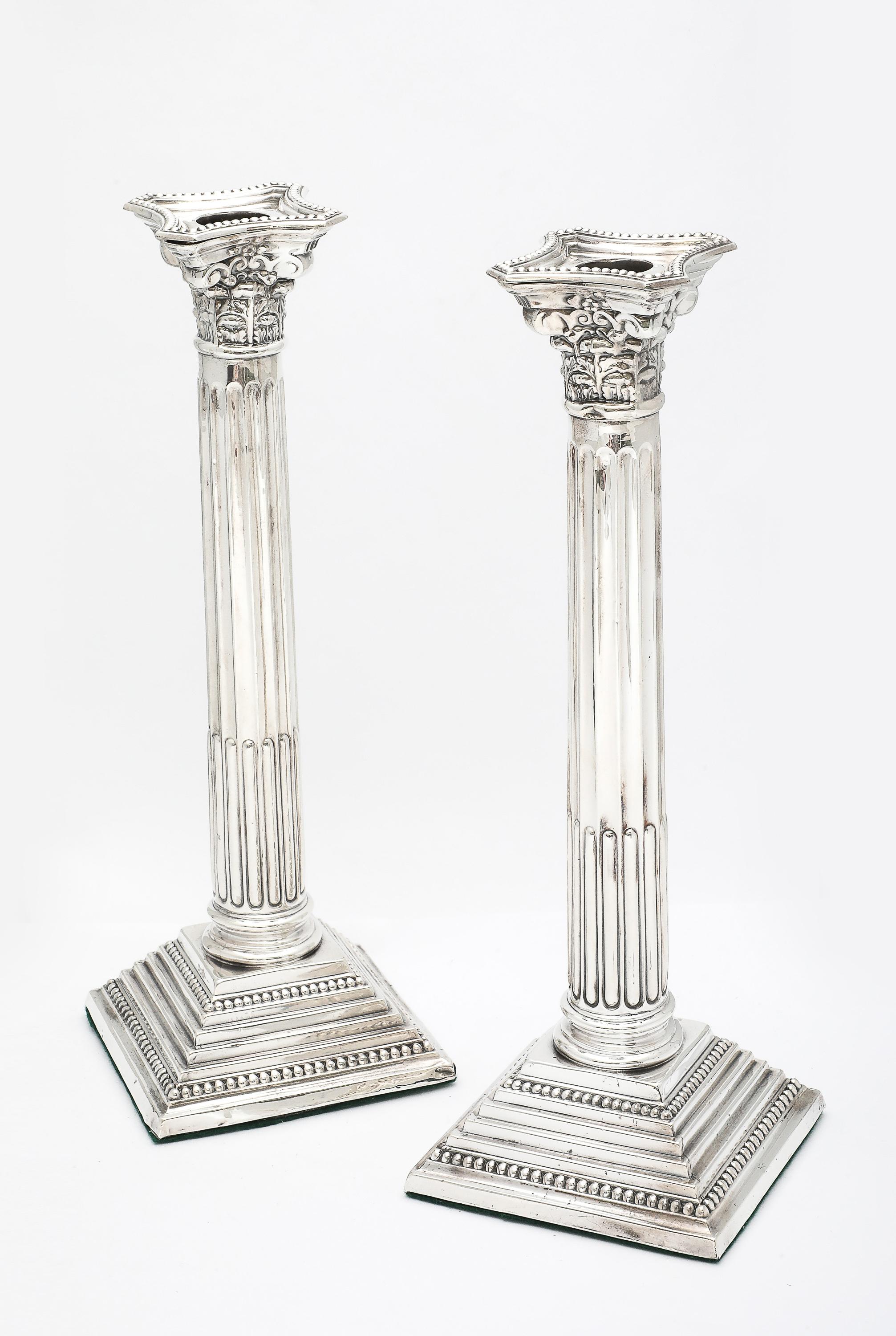 Tall Pair of Sterling Silver Neoclassical-Style Corinthian Column Candlesticks For Sale 13