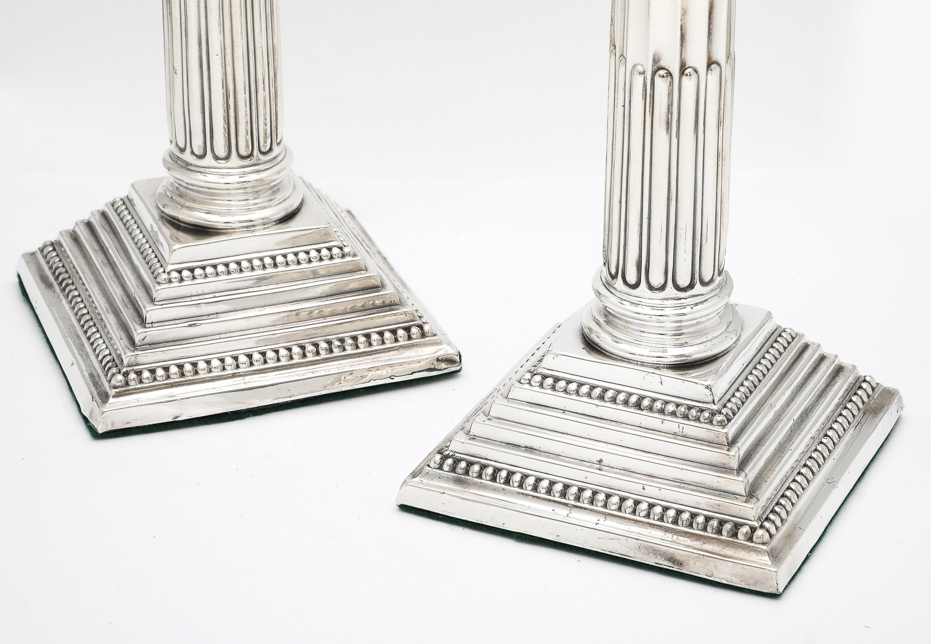 Tall Pair of Sterling Silver Neoclassical-Style Corinthian Column Candlesticks For Sale 14