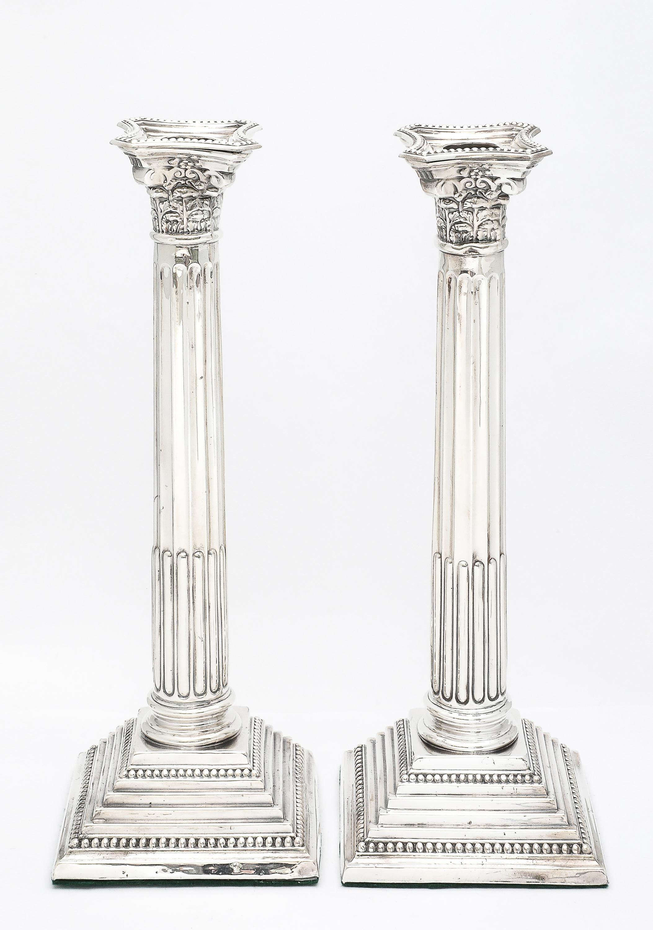 English Tall Pair of Sterling Silver Neoclassical-Style Corinthian Column Candlesticks For Sale