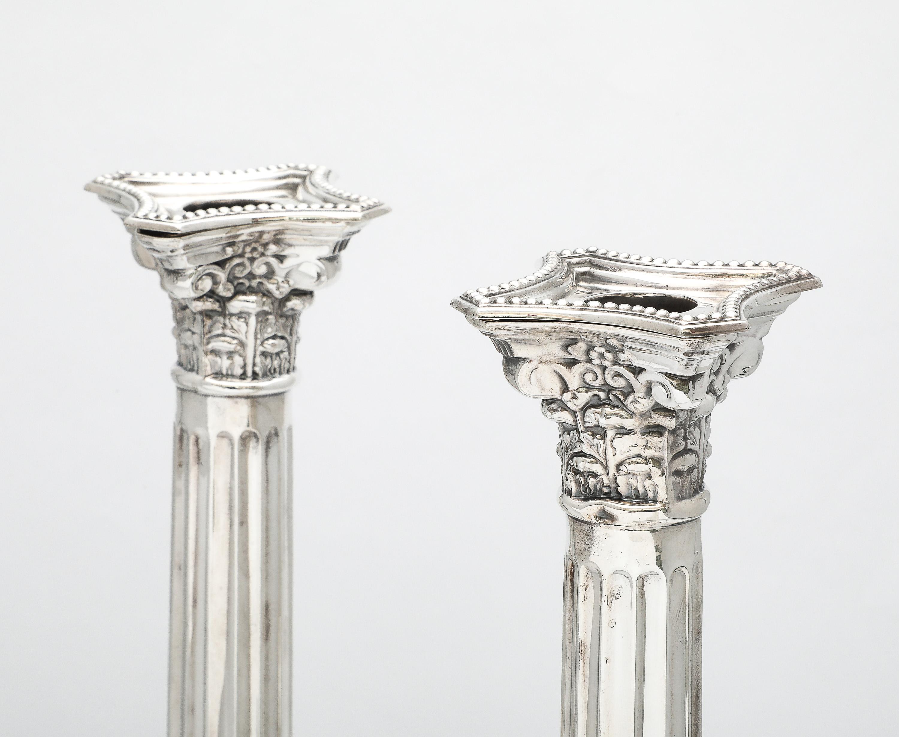 Tall Pair of Sterling Silver Neoclassical-Style Corinthian Column Candlesticks For Sale 15